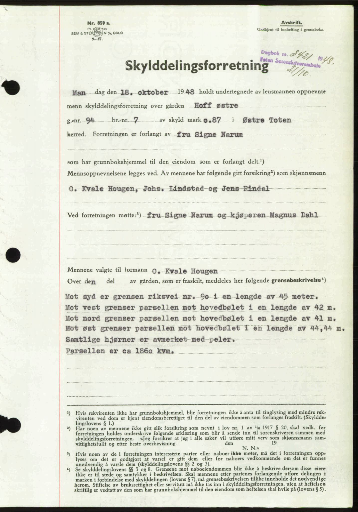 Toten tingrett, SAH/TING-006/H/Hb/Hbc/L0020: Mortgage book no. Hbc-20, 1948-1948, Diary no: : 3421/1948