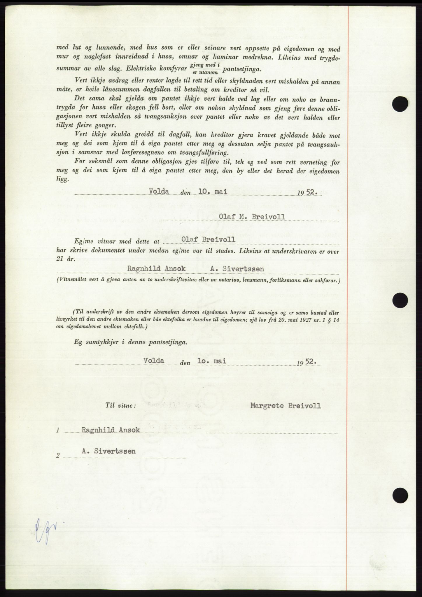 Søre Sunnmøre sorenskriveri, AV/SAT-A-4122/1/2/2C/L0121: Mortgage book no. 9B, 1951-1952, Diary no: : 1012/1952