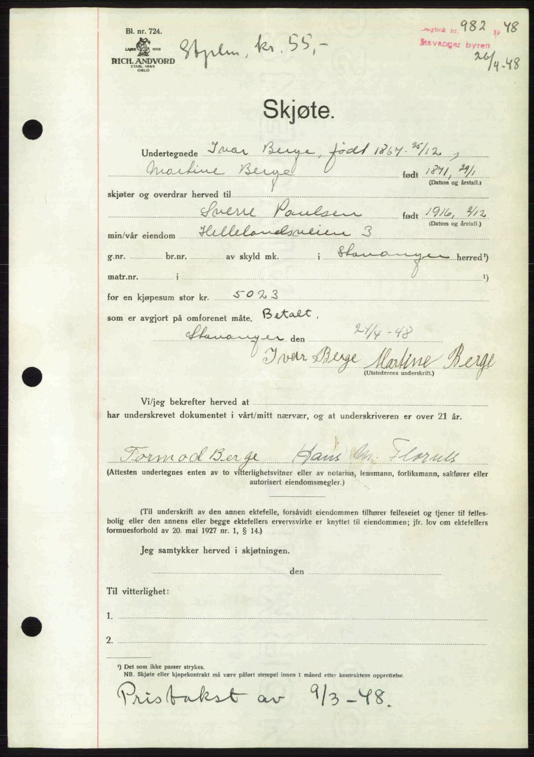 Stavanger byrett, SAST/A-100455/002/G/Gb/L0022: Mortgage book no. A11, 1947-1948, Diary no: : 982/1948