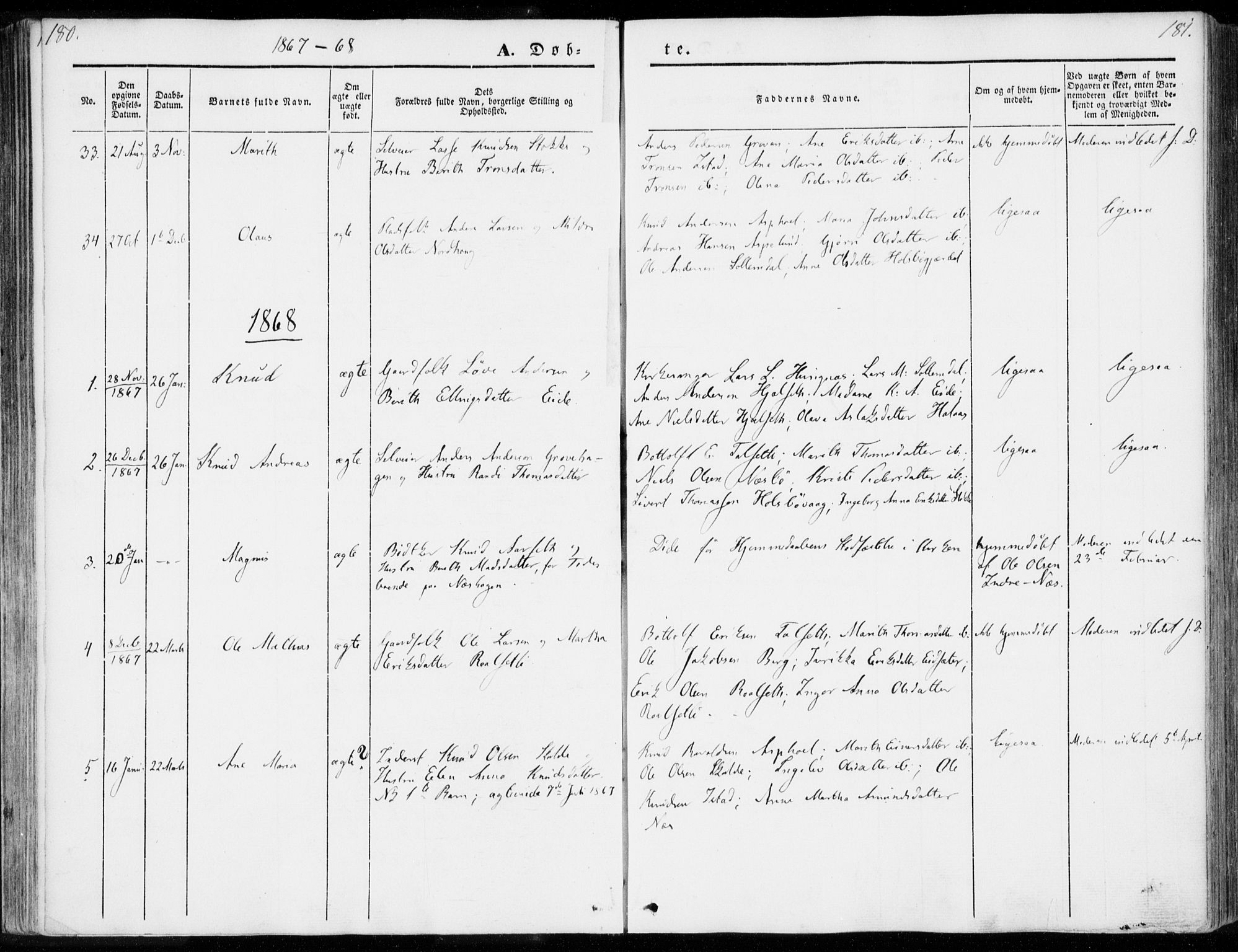 Ministerialprotokoller, klokkerbøker og fødselsregistre - Møre og Romsdal, AV/SAT-A-1454/557/L0680: Parish register (official) no. 557A02, 1843-1869, p. 180-181