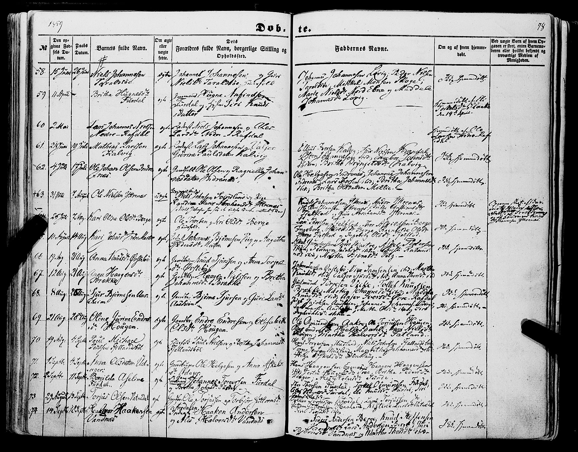 Skånevik sokneprestembete, SAB/A-77801/H/Haa: Parish register (official) no. A 5I, 1848-1869, p. 78