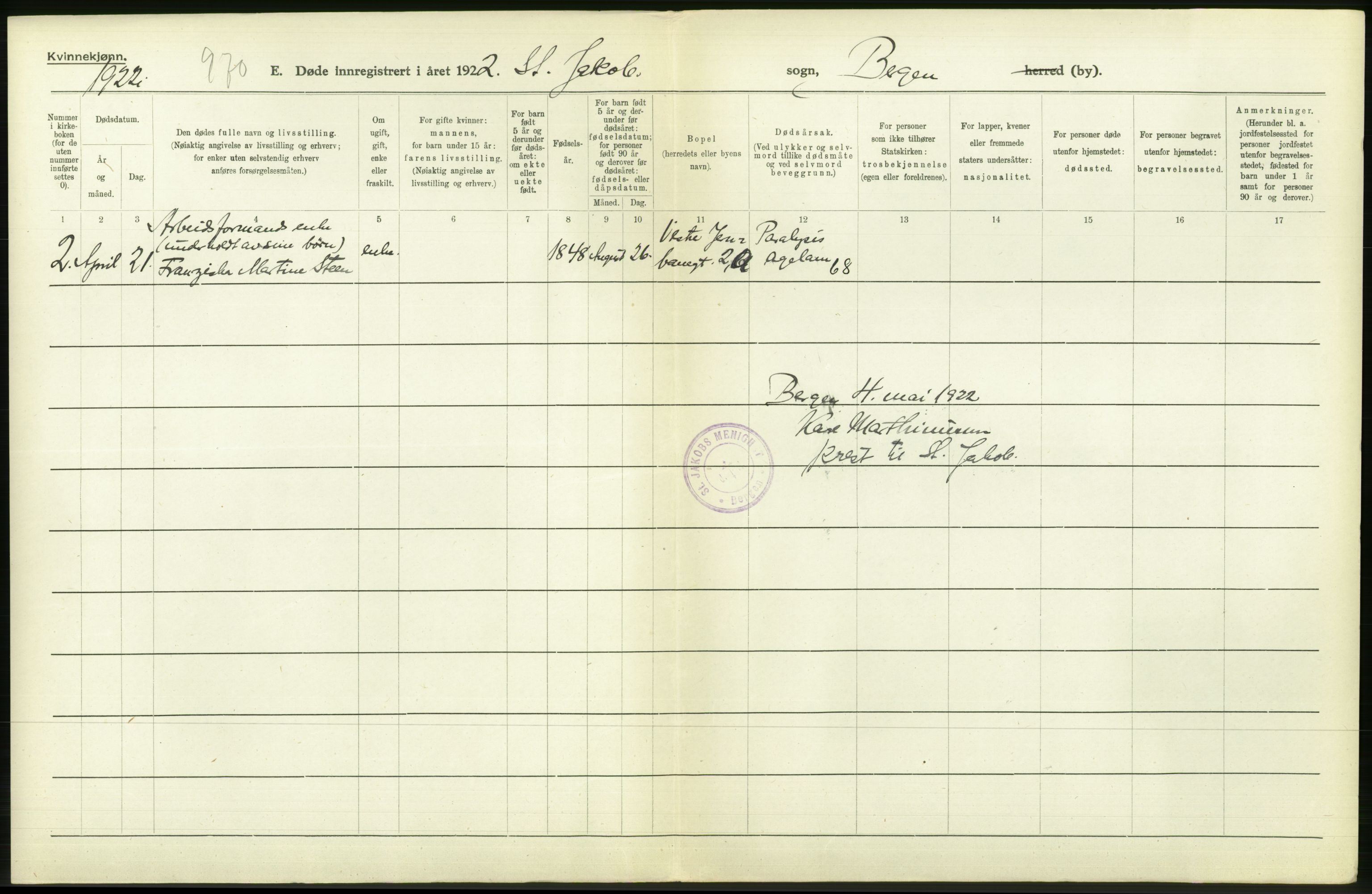 Statistisk sentralbyrå, Sosiodemografiske emner, Befolkning, AV/RA-S-2228/D/Df/Dfc/Dfcb/L0030: Bergen: Gifte, døde, dødfødte., 1922, p. 456