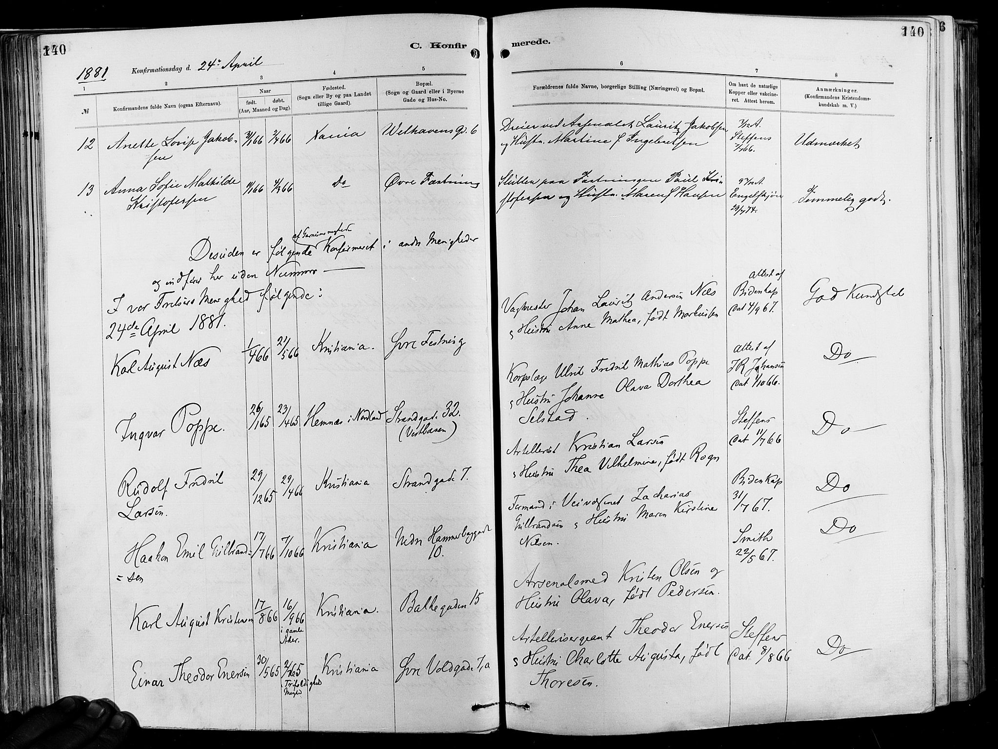 Garnisonsmenigheten Kirkebøker, AV/SAO-A-10846/F/Fa/L0012: Parish register (official) no. 12, 1880-1893, p. 140