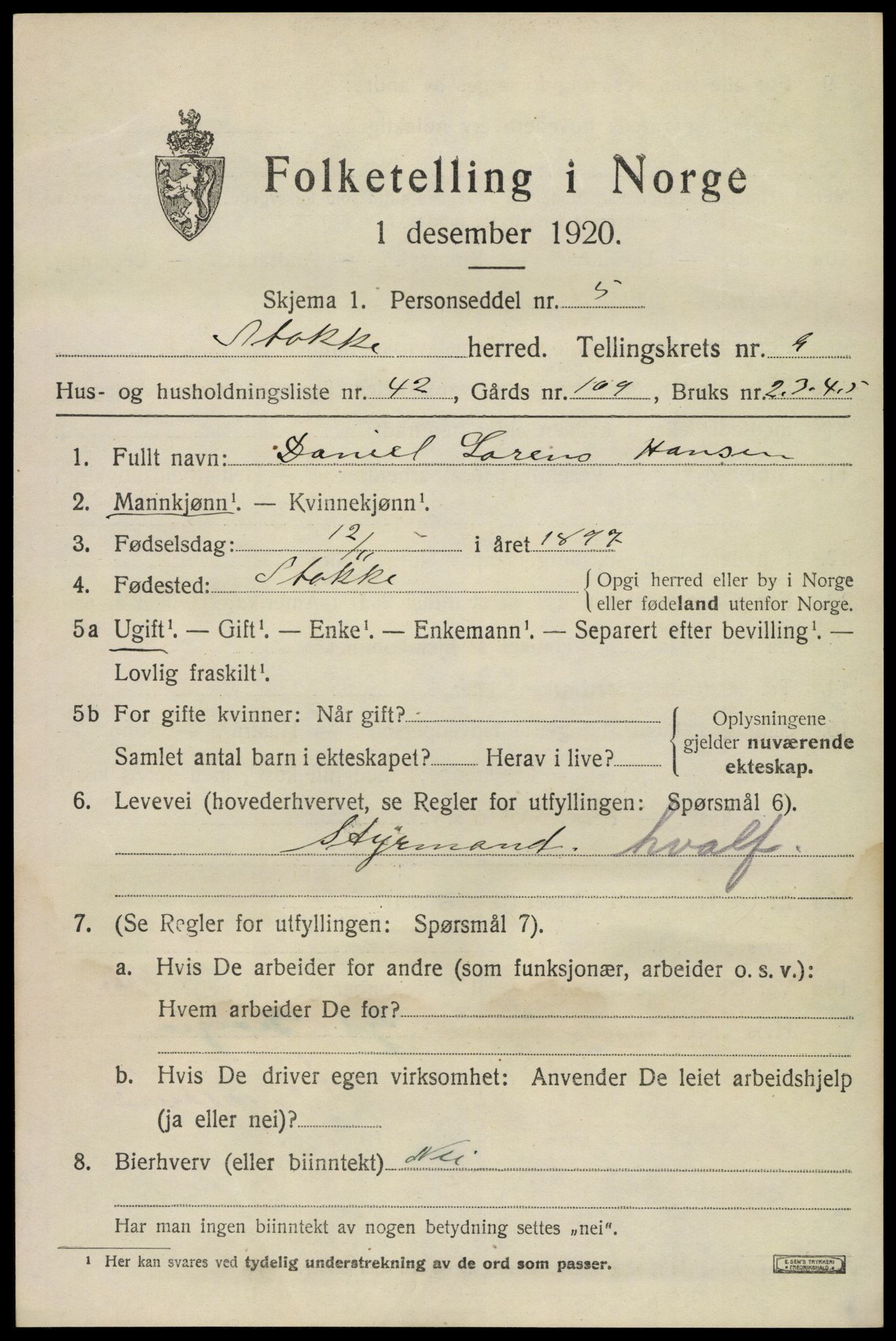 SAKO, 1920 census for Stokke, 1920, p. 10880