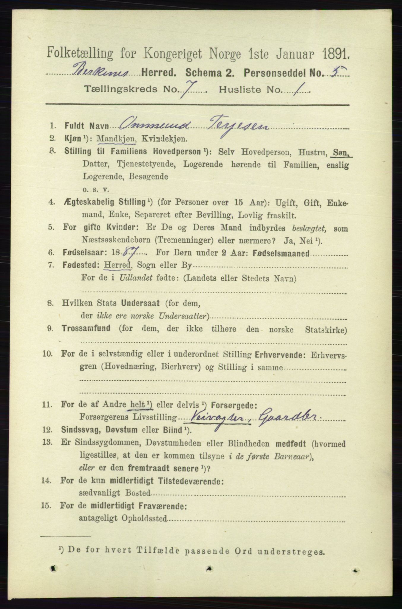 RA, 1891 Census for 0928 Birkenes, 1891, p. 1988