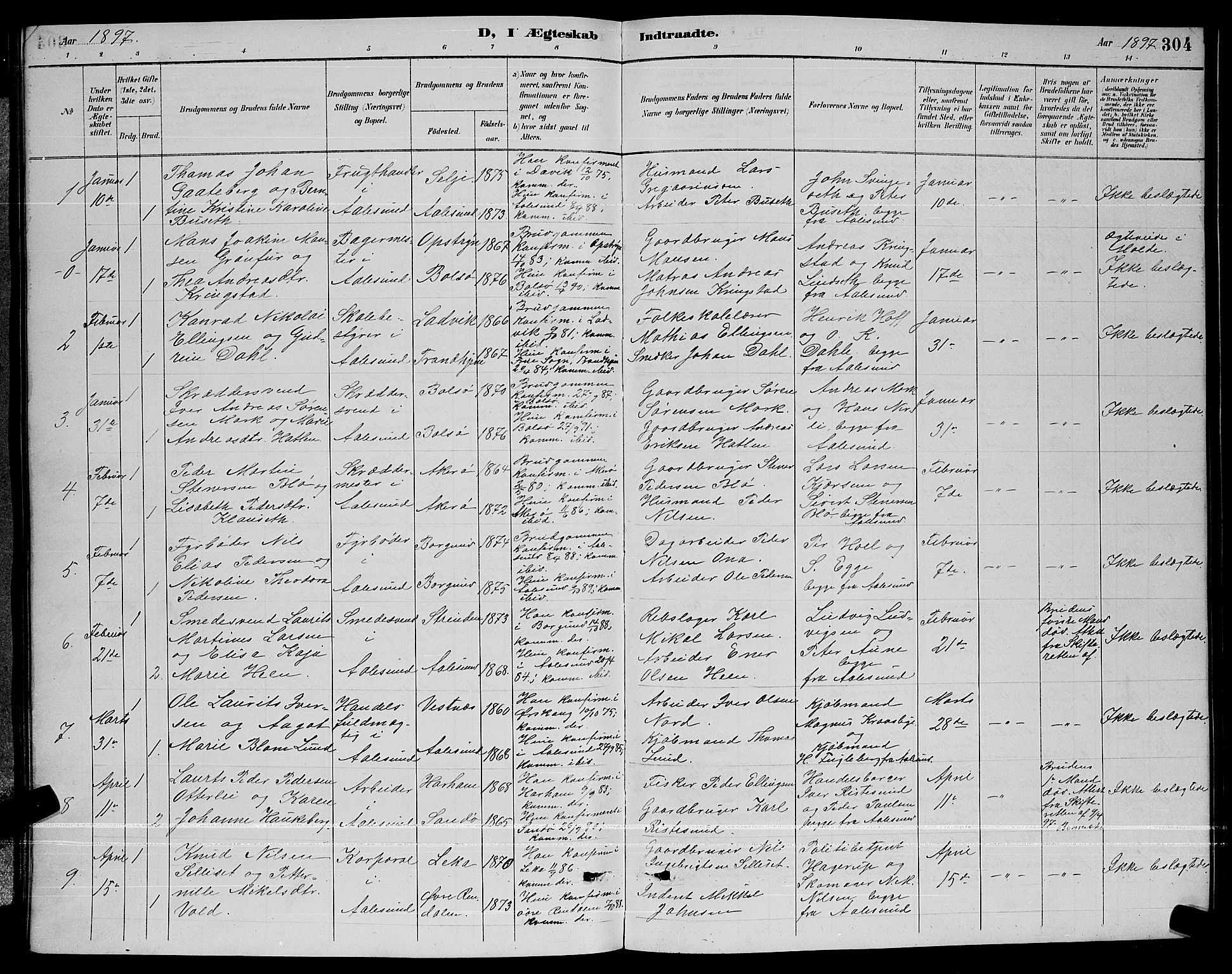 Ministerialprotokoller, klokkerbøker og fødselsregistre - Møre og Romsdal, AV/SAT-A-1454/529/L0467: Parish register (copy) no. 529C04, 1889-1897, p. 304