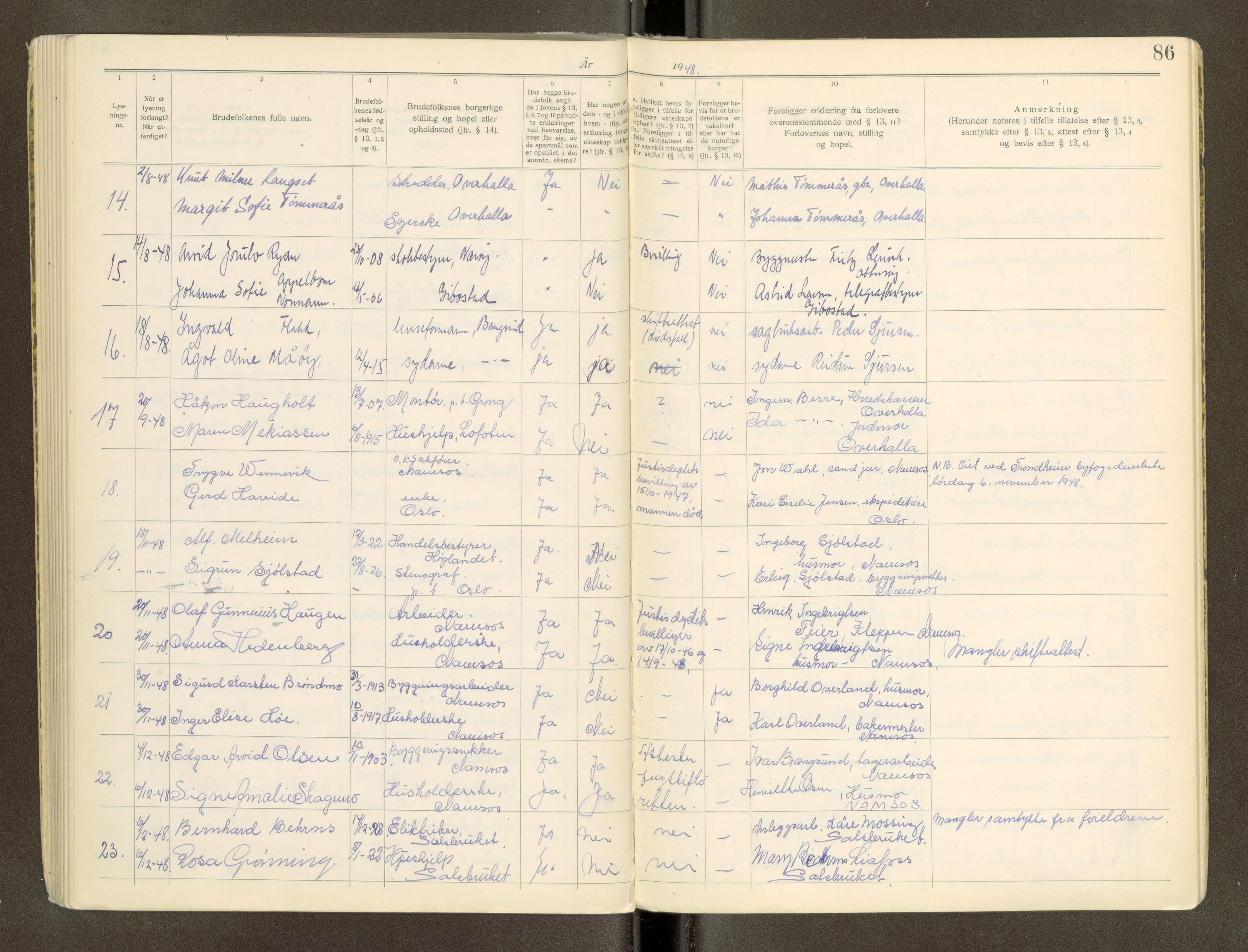 Namdal sorenskriveri, AV/SAT-A-4133/1/6/6D/L0002: Vigselbøker, 1940-1969, p. 86