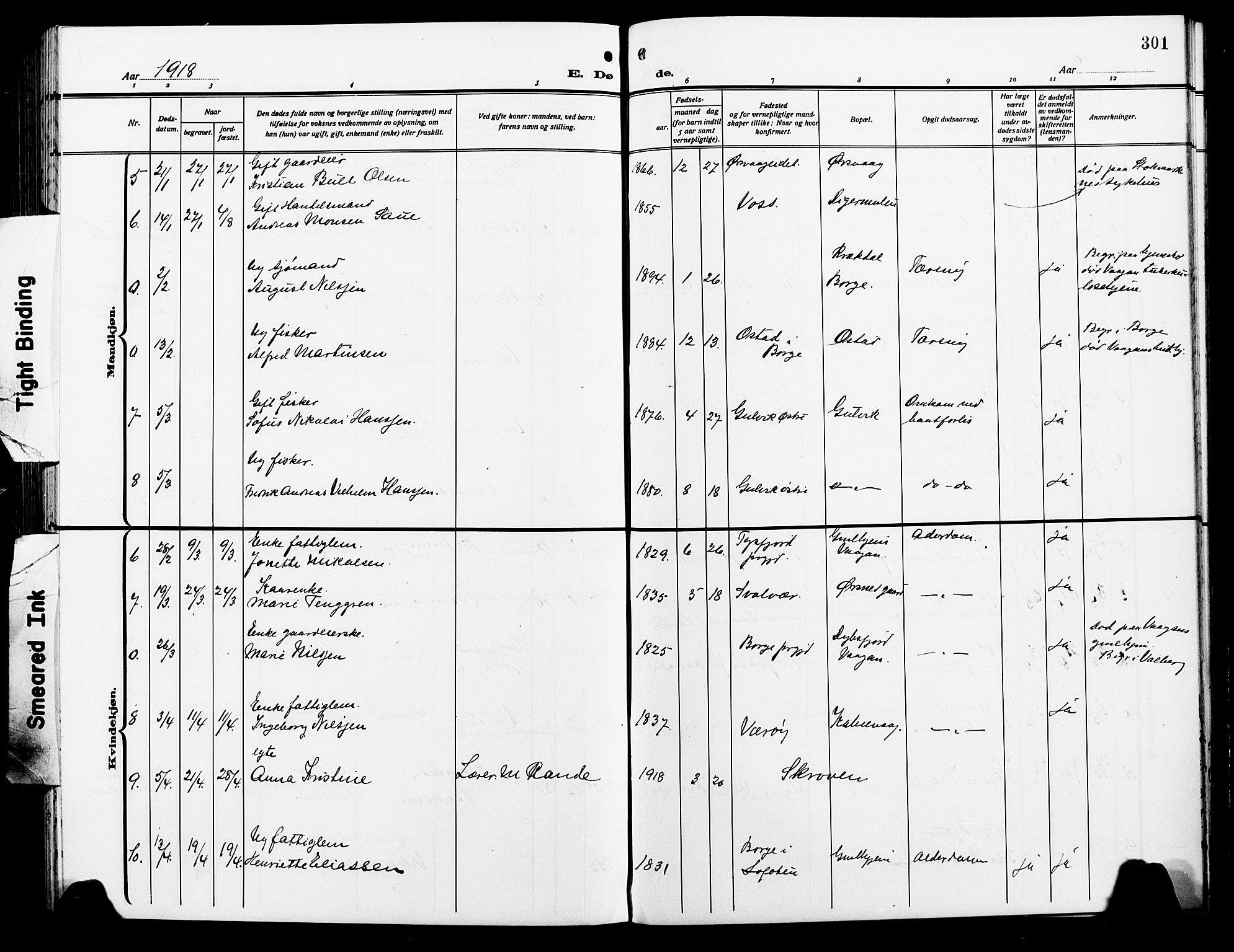 Ministerialprotokoller, klokkerbøker og fødselsregistre - Nordland, AV/SAT-A-1459/874/L1080: Parish register (copy) no. 874C09, 1915-1925, p. 301