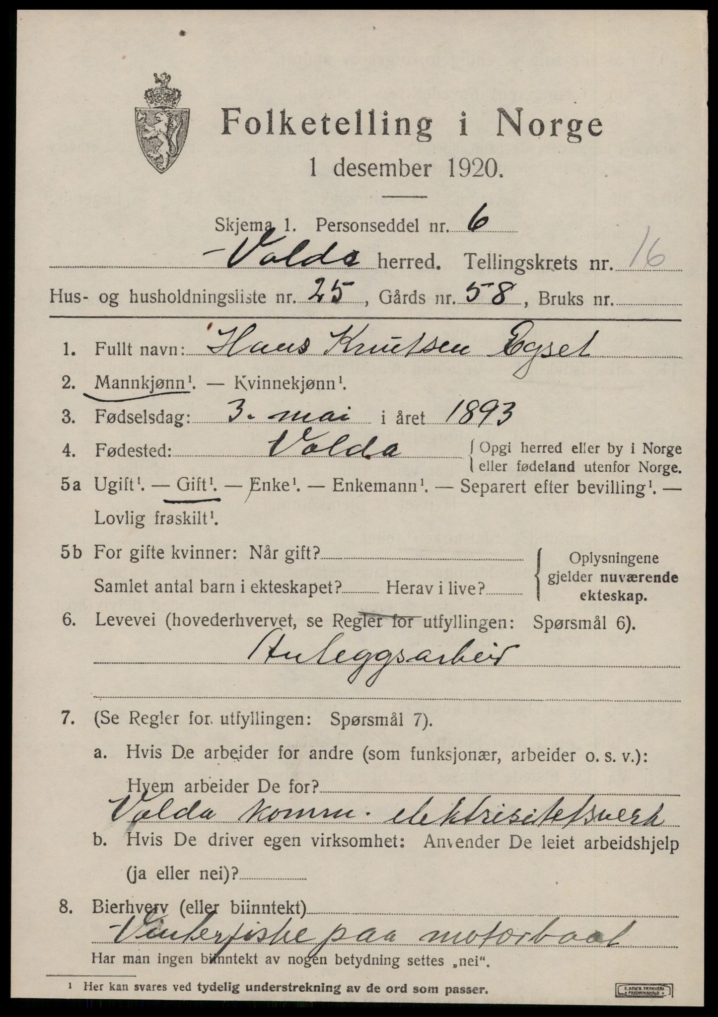 SAT, 1920 census for Volda, 1920, p. 9558