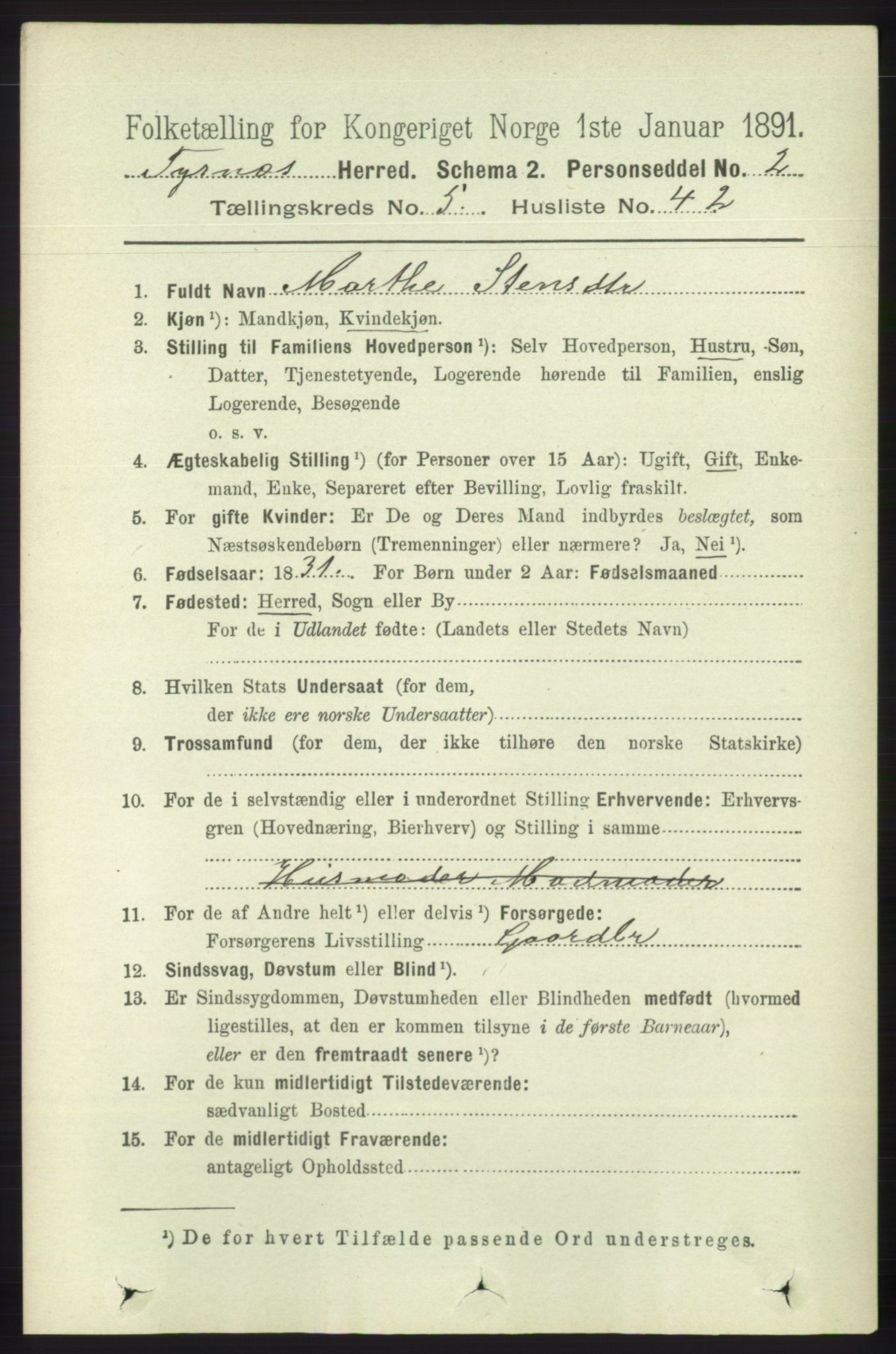 RA, 1891 census for 1223 Tysnes, 1891, p. 2179