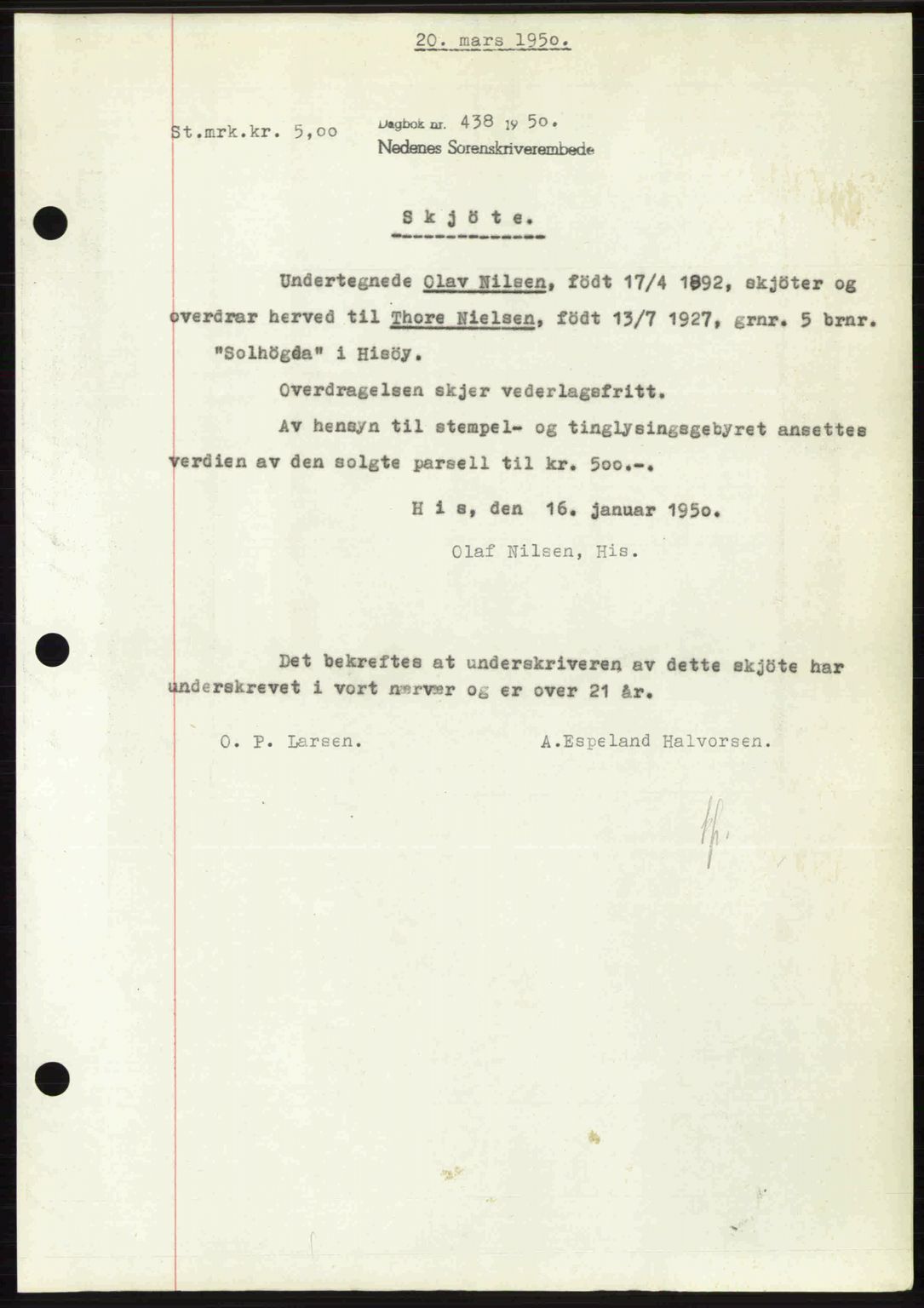 Nedenes sorenskriveri, SAK/1221-0006/G/Gb/Gba/L0062: Mortgage book no. A14, 1949-1950, Diary no: : 438/1950