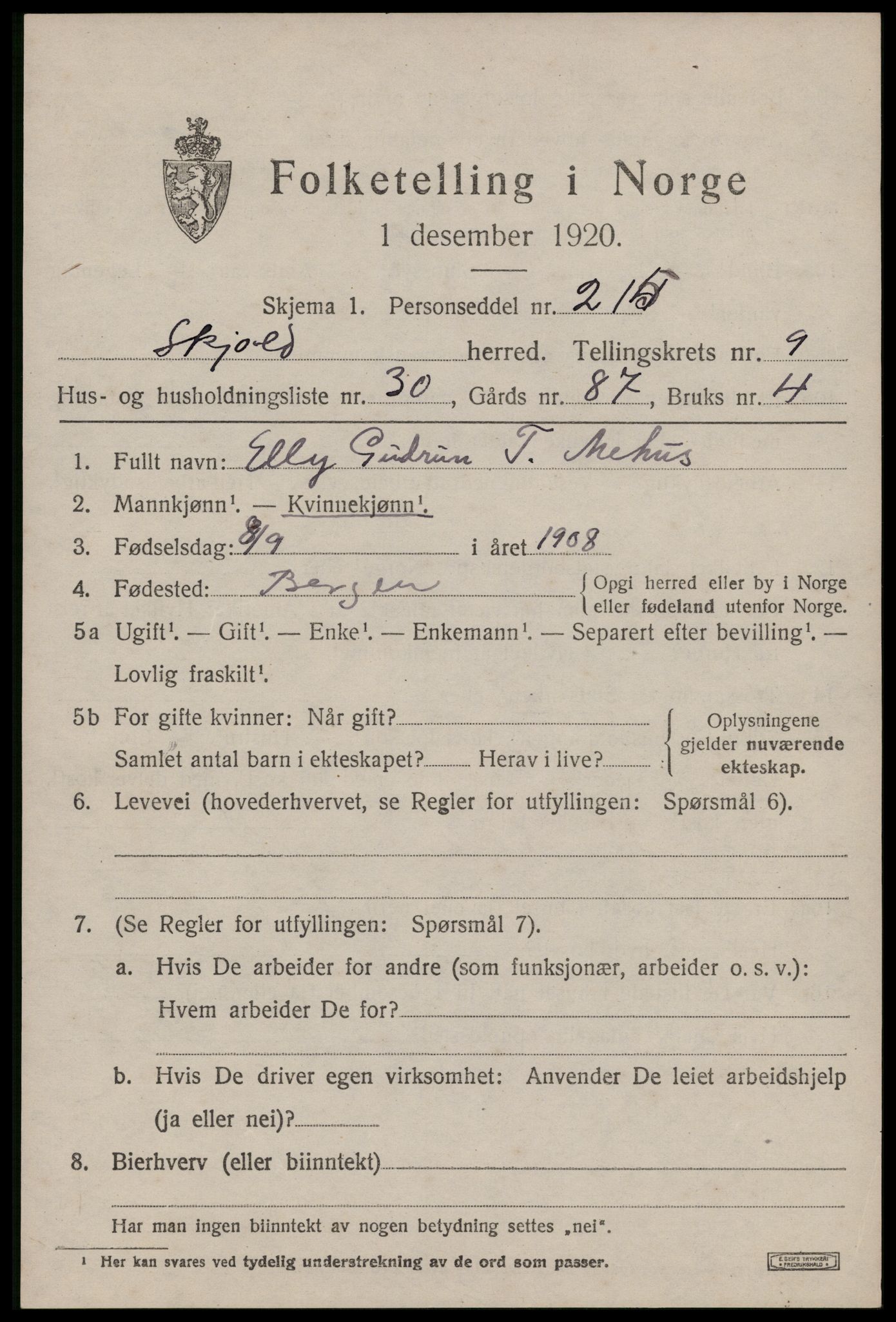SAST, 1920 census for Skjold, 1920, p. 4824