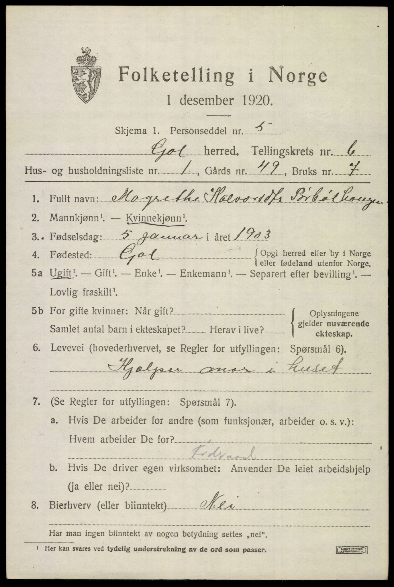 SAKO, 1920 census for Gol, 1920, p. 4584