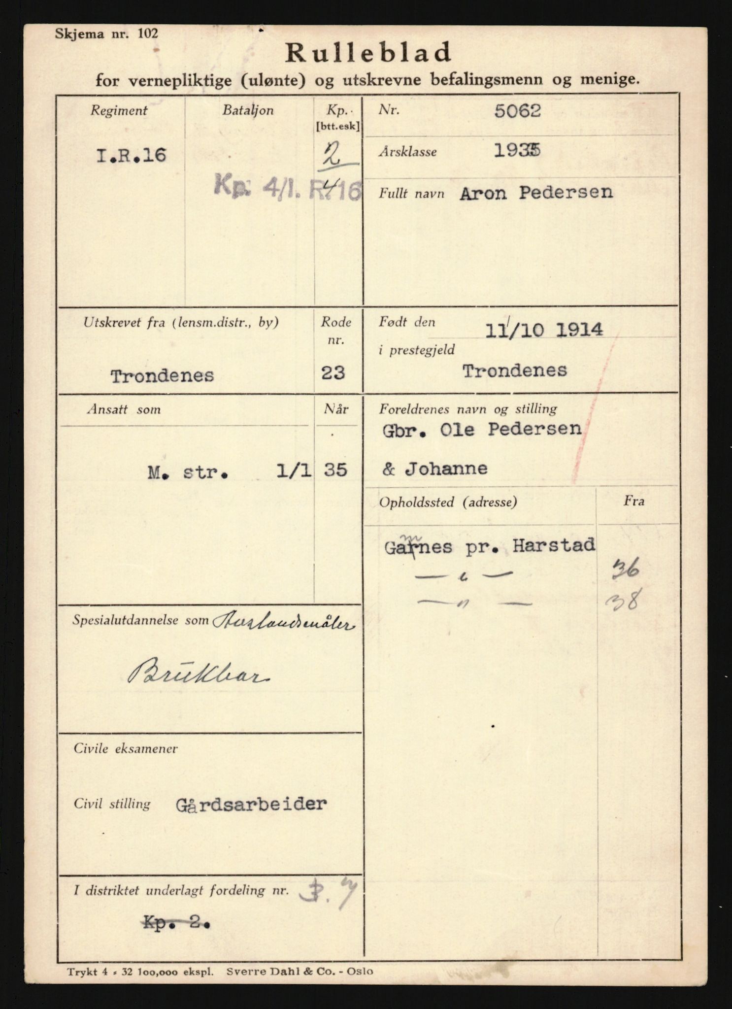 Forsvaret, Troms infanteriregiment nr. 16, AV/RA-RAFA-3146/P/Pa/L0019: Rulleblad for regimentets menige mannskaper, årsklasse 1935, 1935, p. 989