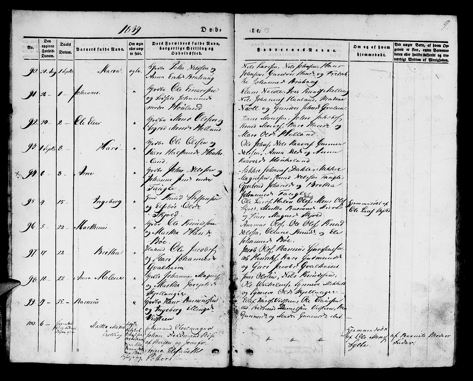 Manger sokneprestembete, AV/SAB-A-76801/H/Haa: Parish register (official) no. A 5, 1839-1848, p. 9