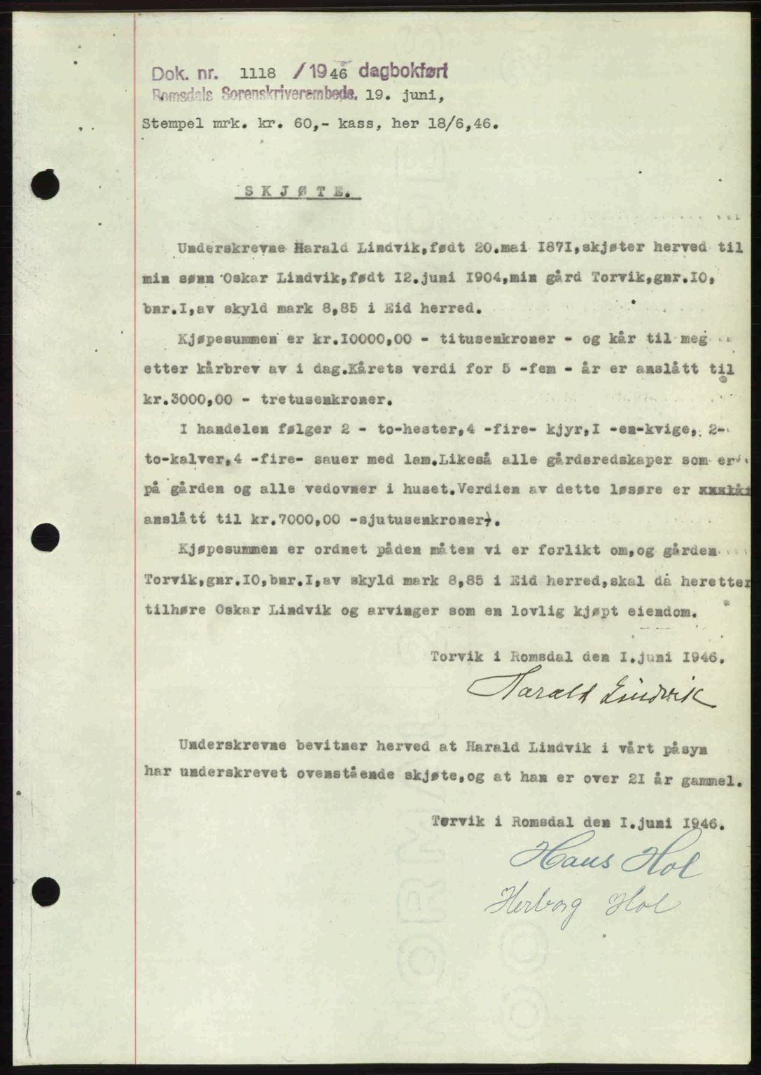 Romsdal sorenskriveri, AV/SAT-A-4149/1/2/2C: Mortgage book no. A20, 1946-1946, Diary no: : 1118/1946