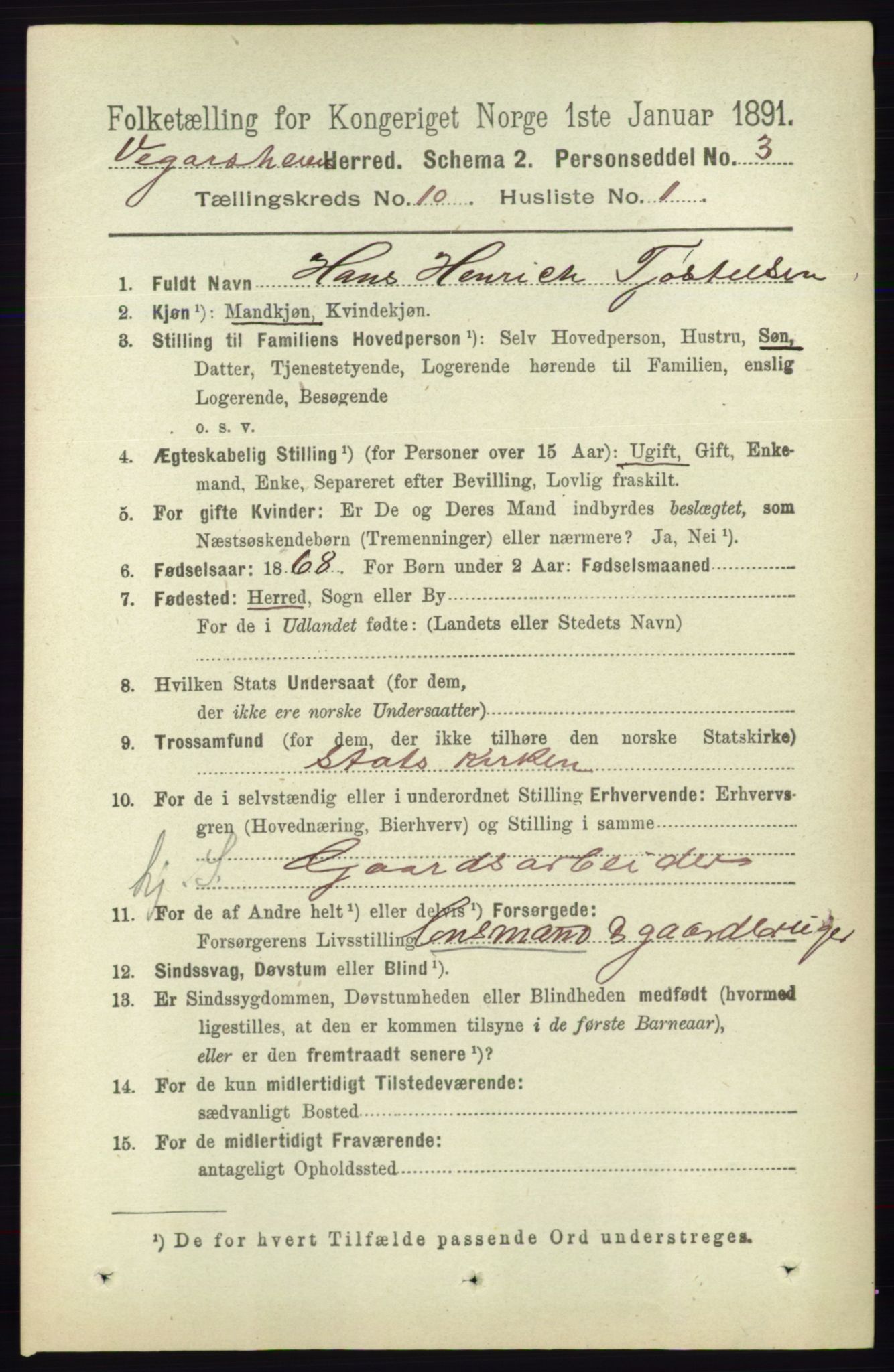 RA, 1891 census for 0912 Vegårshei, 1891, p. 1910