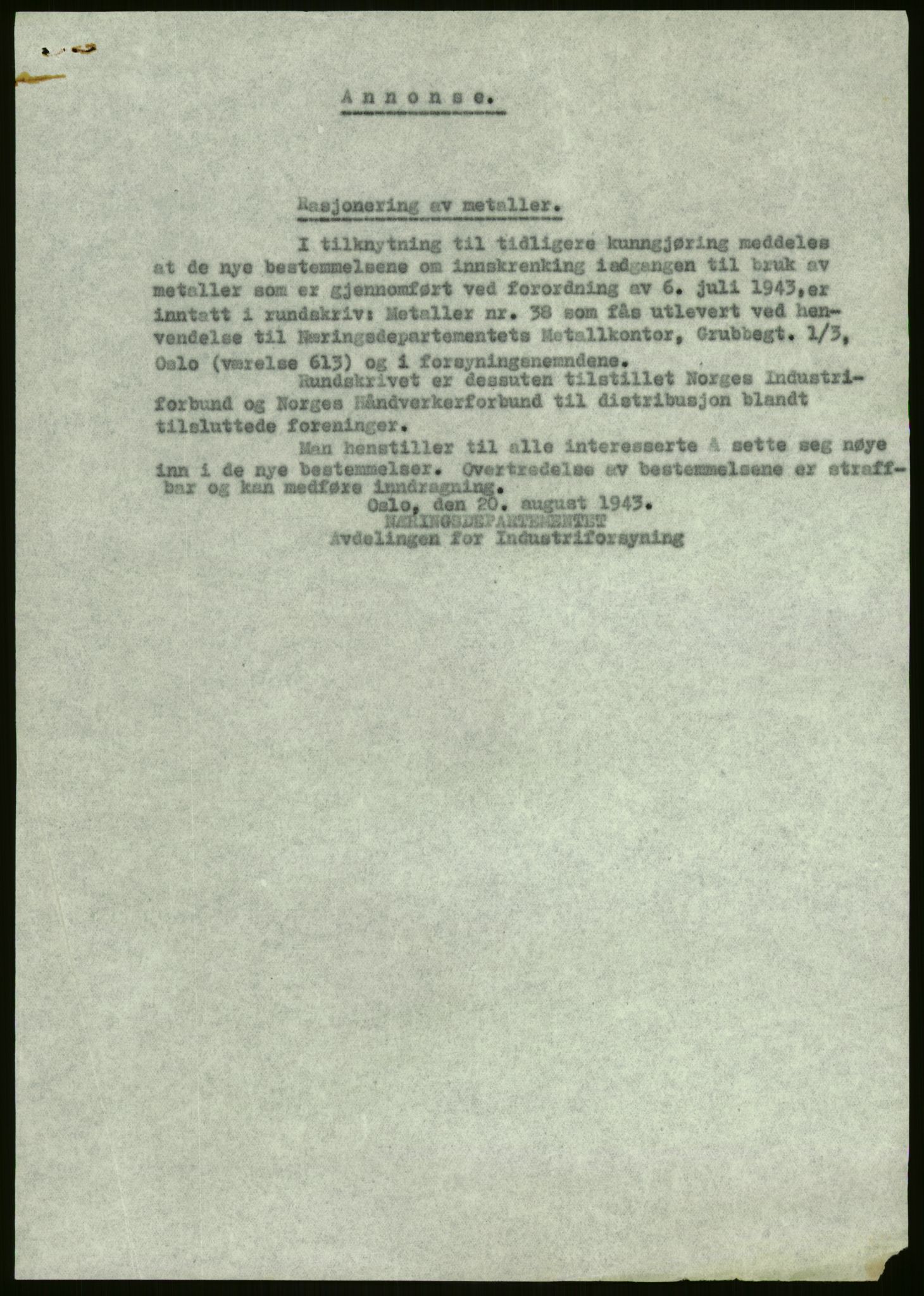 Direktoratet for industriforsyning, Sekretariatet, AV/RA-S-4153/D/Df/L0054: 9. Metallkontoret, 1940-1945, p. 11