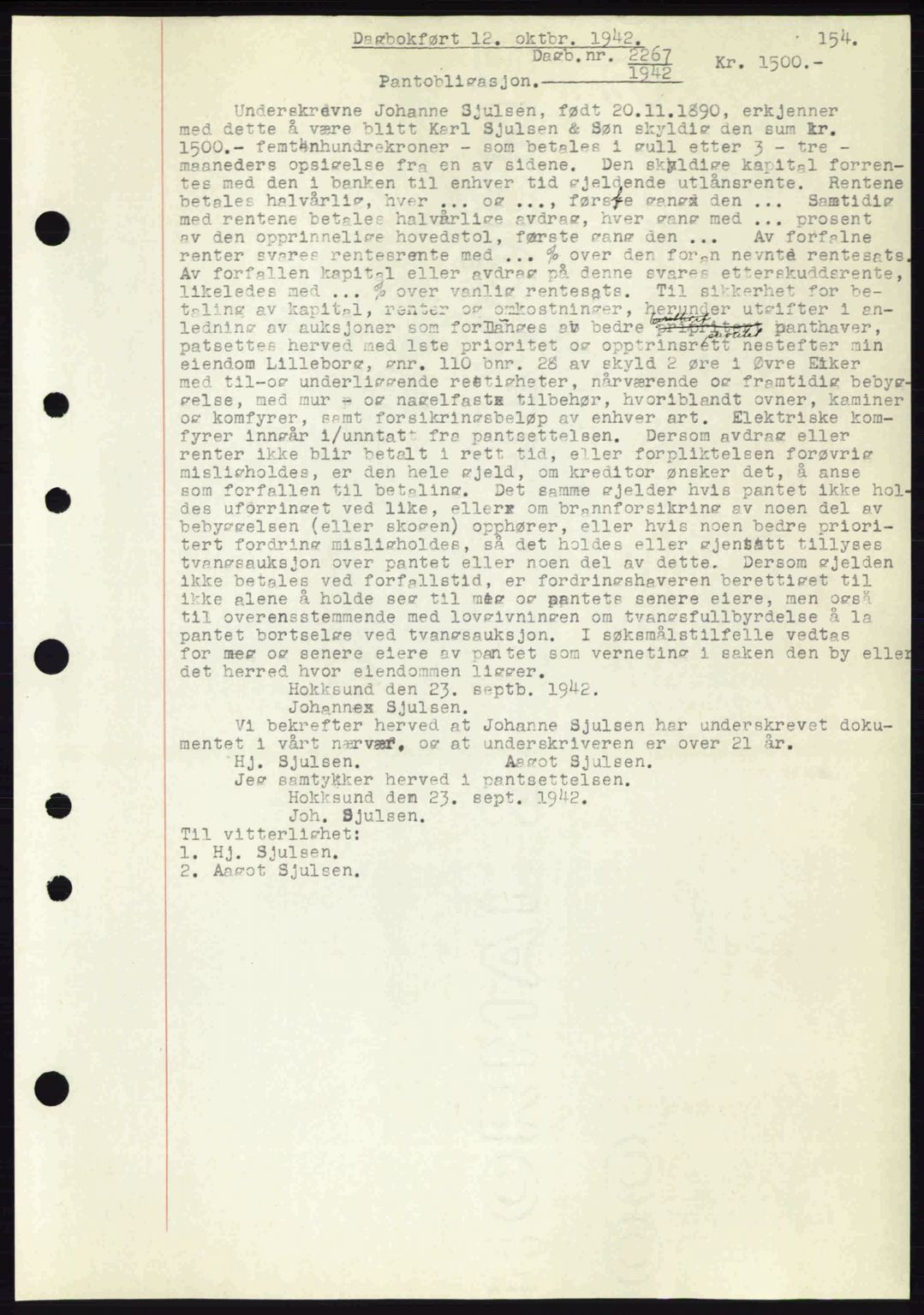 Eiker, Modum og Sigdal sorenskriveri, SAKO/A-123/G/Ga/Gab/L0047: Mortgage book no. A17, 1942-1943, Diary no: : 2267/1942