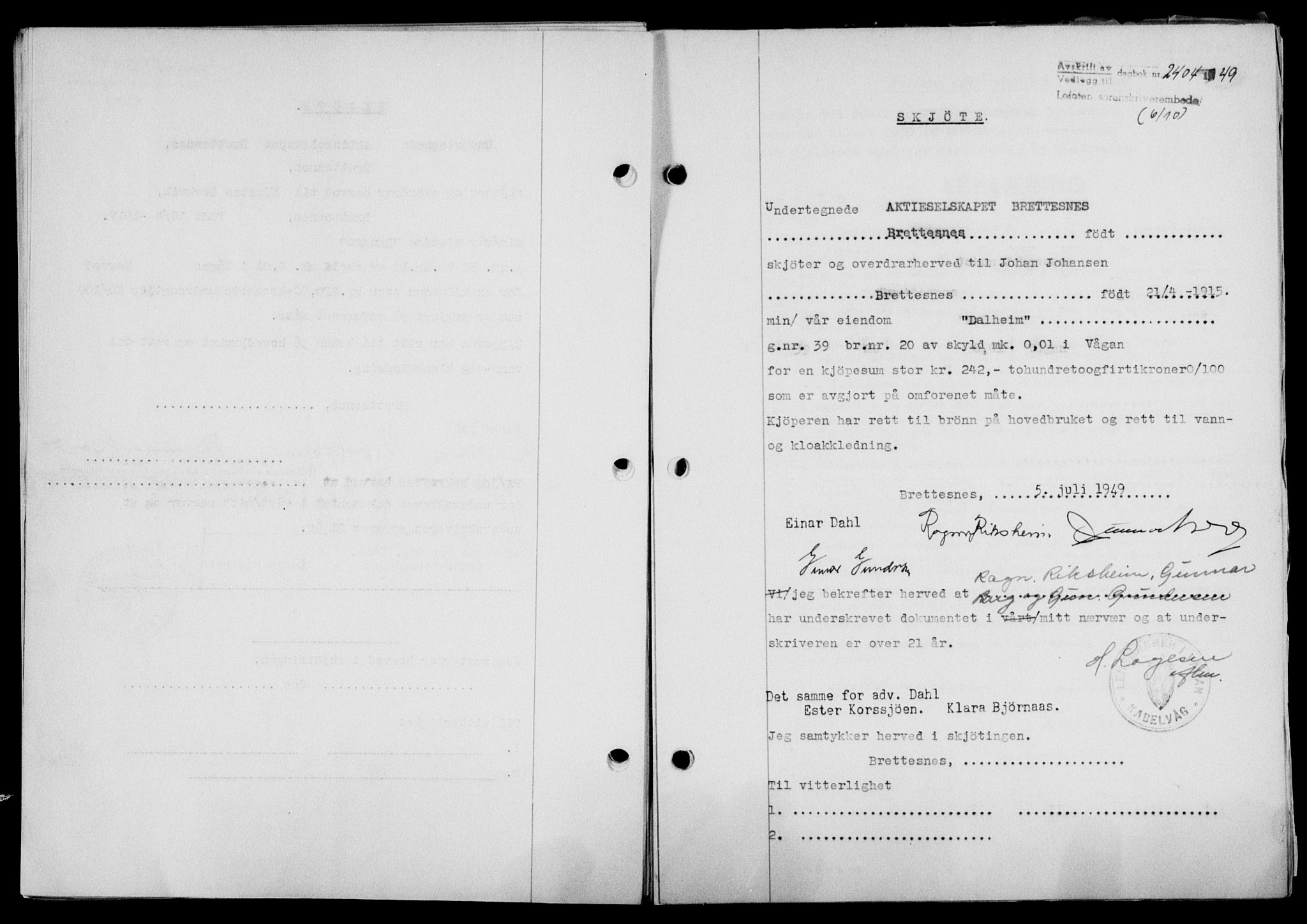 Lofoten sorenskriveri, SAT/A-0017/1/2/2C/L0022a: Mortgage book no. 22a, 1949-1950, Diary no: : 2404/1949