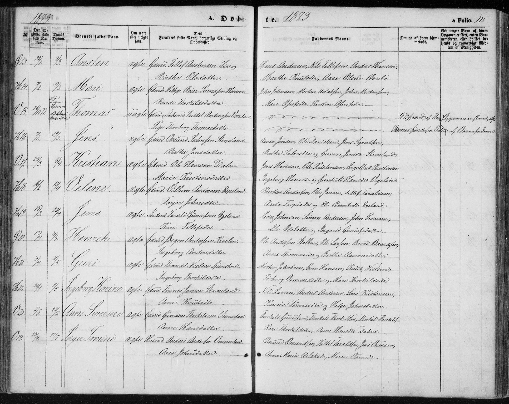 Vennesla sokneprestkontor, AV/SAK-1111-0045/Fa/Fac/L0007: Parish register (official) no. A 7, 1855-1873, p. 111