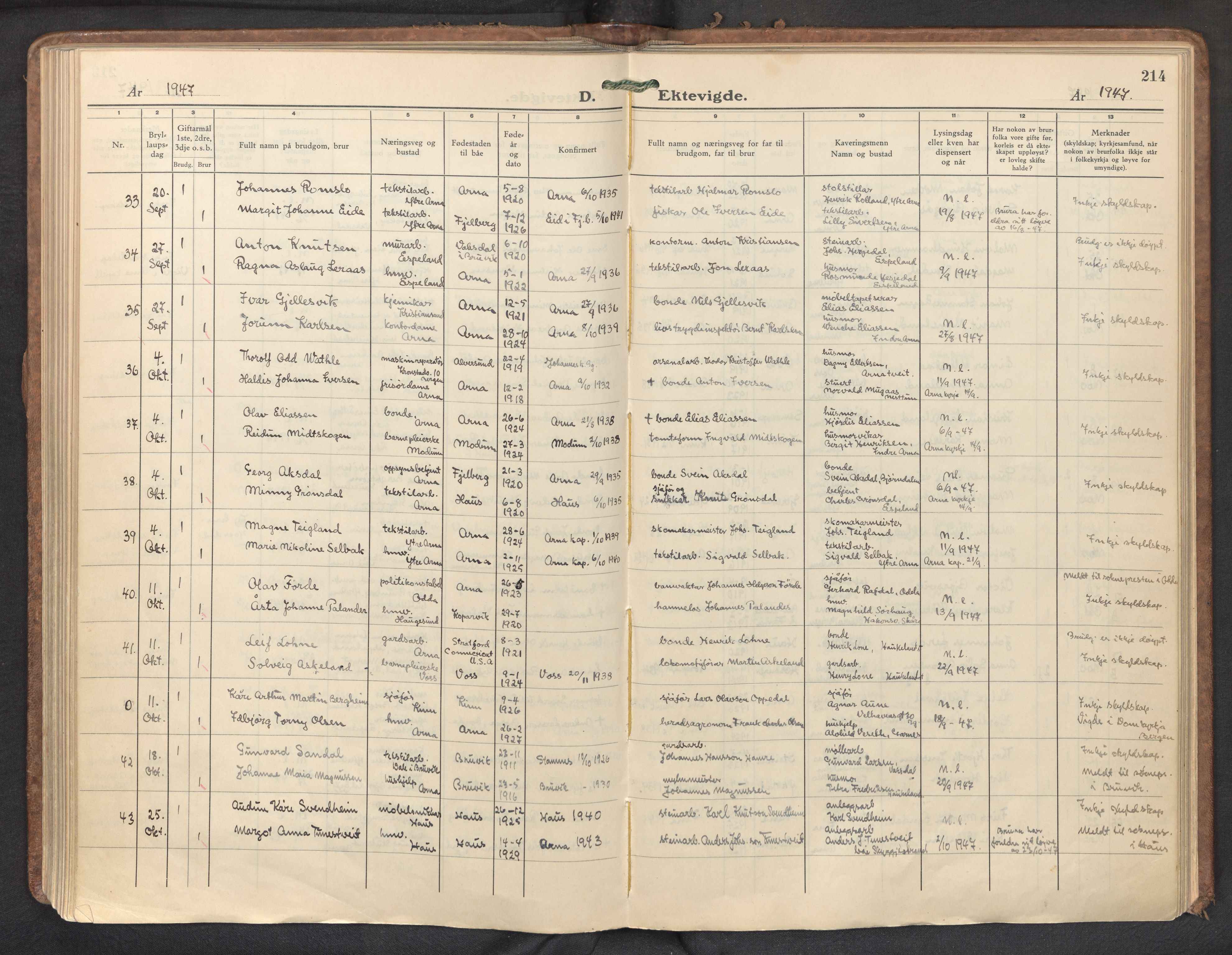 Haus sokneprestembete, AV/SAB-A-75601/H/Haa: Parish register (official) no. D 5, 1939-1950, p. 214