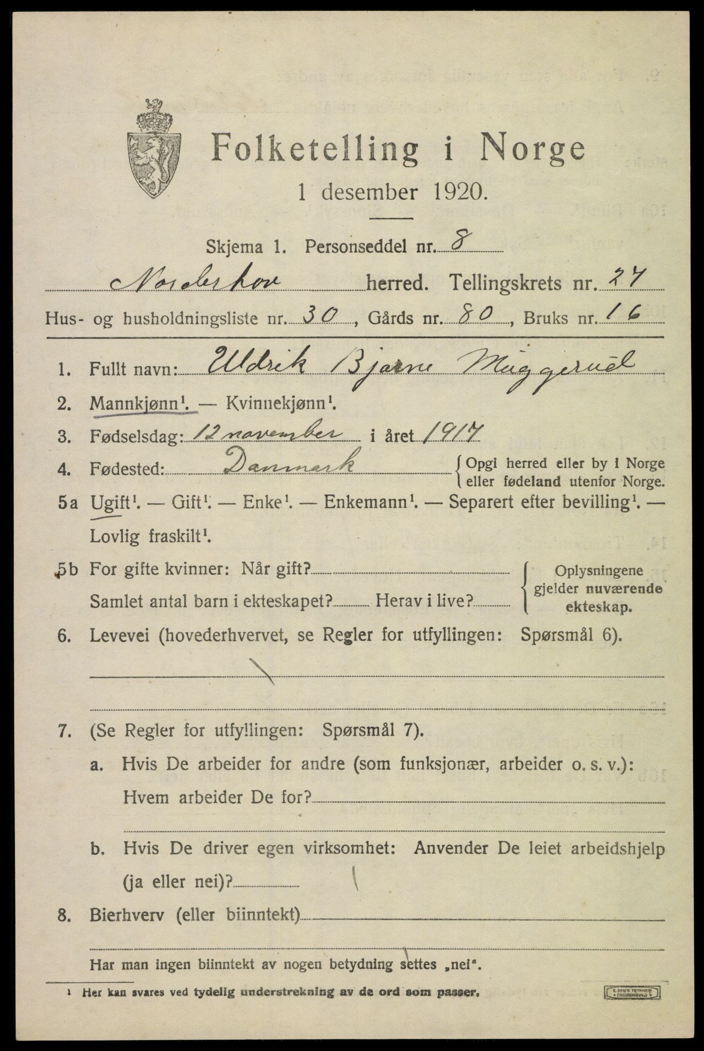 SAKO, 1920 census for Norderhov, 1920, p. 24812