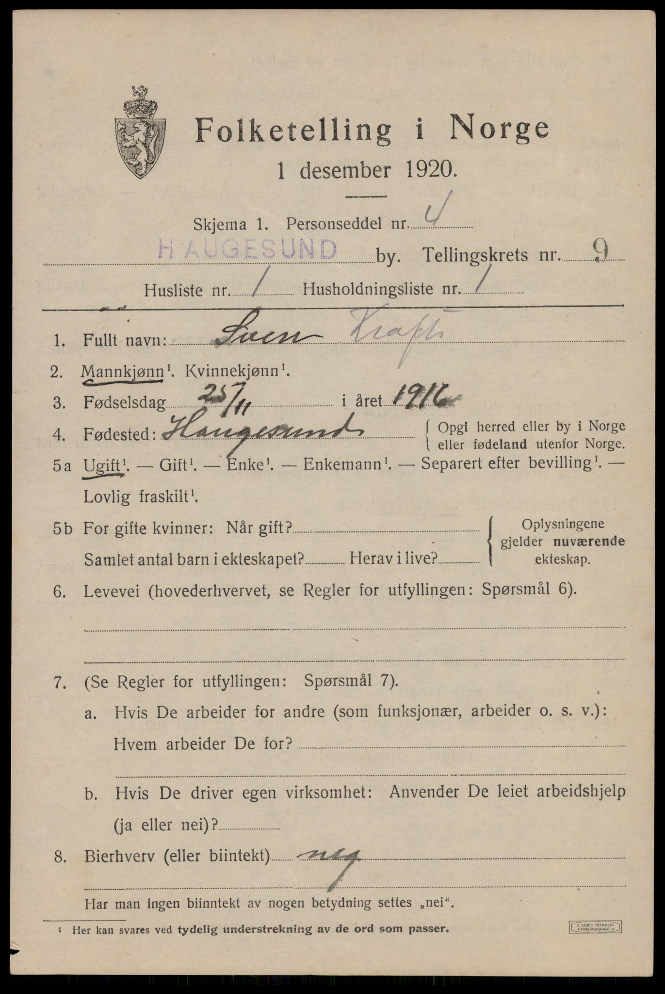 SAST, 1920 census for Haugesund, 1920, p. 32181