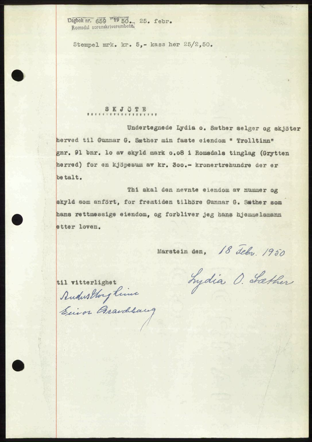 Romsdal sorenskriveri, AV/SAT-A-4149/1/2/2C: Mortgage book no. A32, 1950-1950, Diary no: : 659/1950