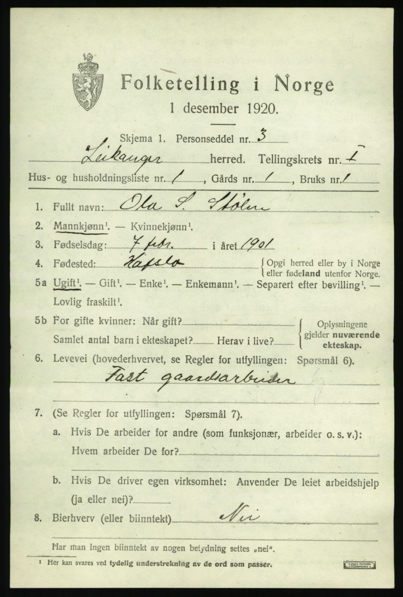 SAB, 1920 census for Leikanger, 1920, p. 950