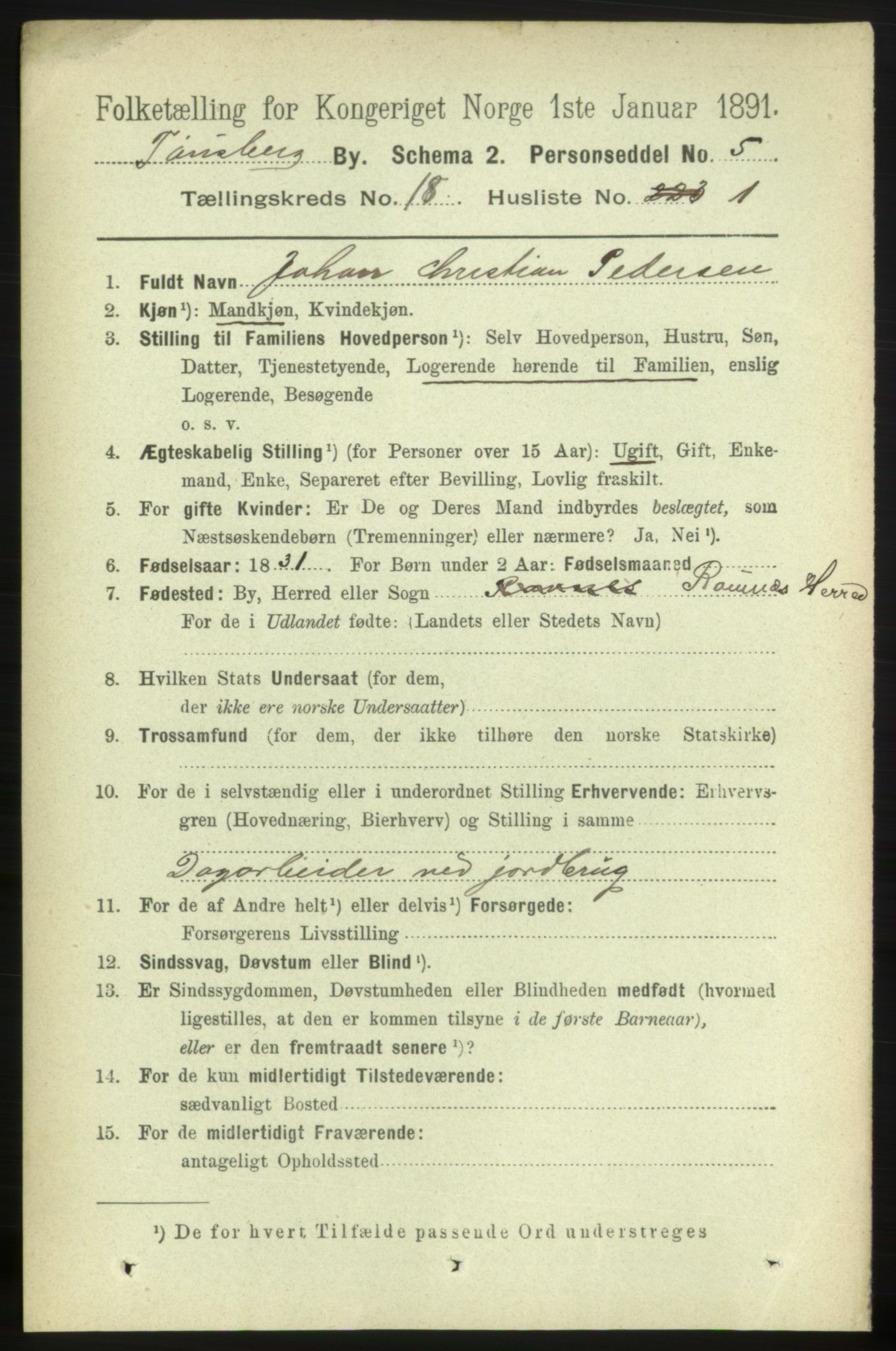 RA, 1891 census for 0705 Tønsberg, 1891, p. 5105