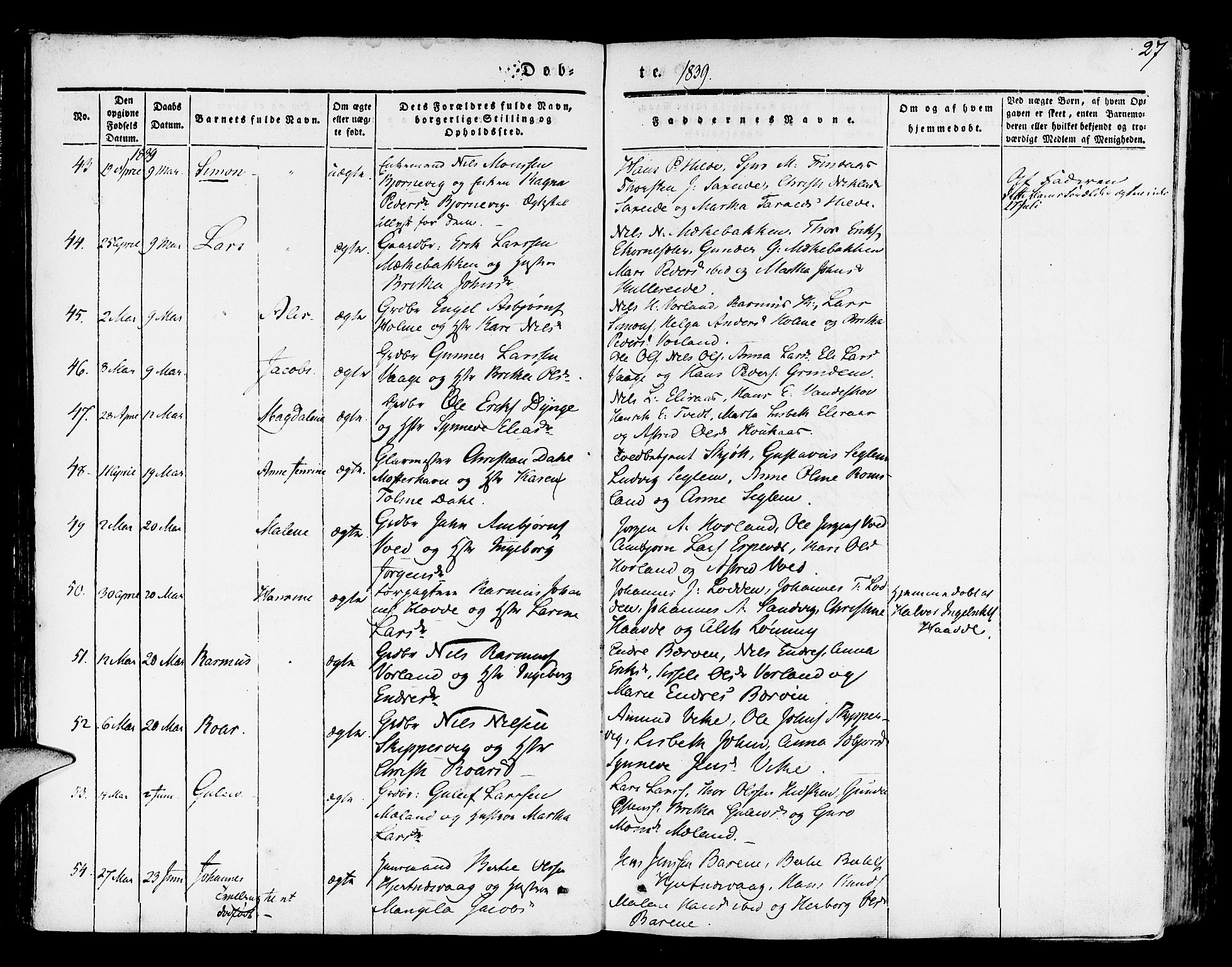 Finnås sokneprestembete, AV/SAB-A-99925/H/Ha/Haa/Haaa/L0006: Parish register (official) no. A 6, 1836-1850, p. 27