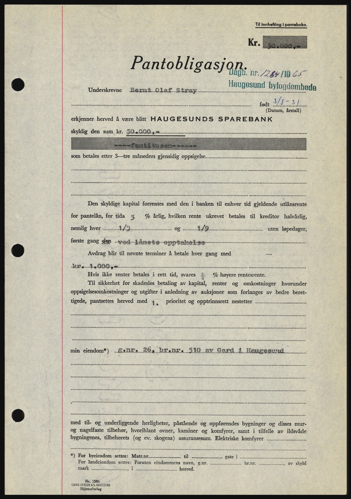 Haugesund tingrett, SAST/A-101415/01/II/IIC/L0053: Mortgage book no. B 53, 1965-1965, Diary no: : 1284/1965