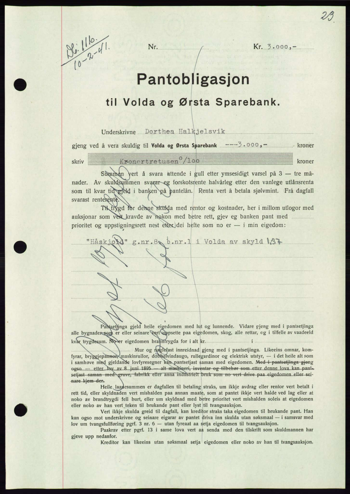 Søre Sunnmøre sorenskriveri, AV/SAT-A-4122/1/2/2C/L0071: Mortgage book no. 65, 1941-1941, Diary no: : 116/1941