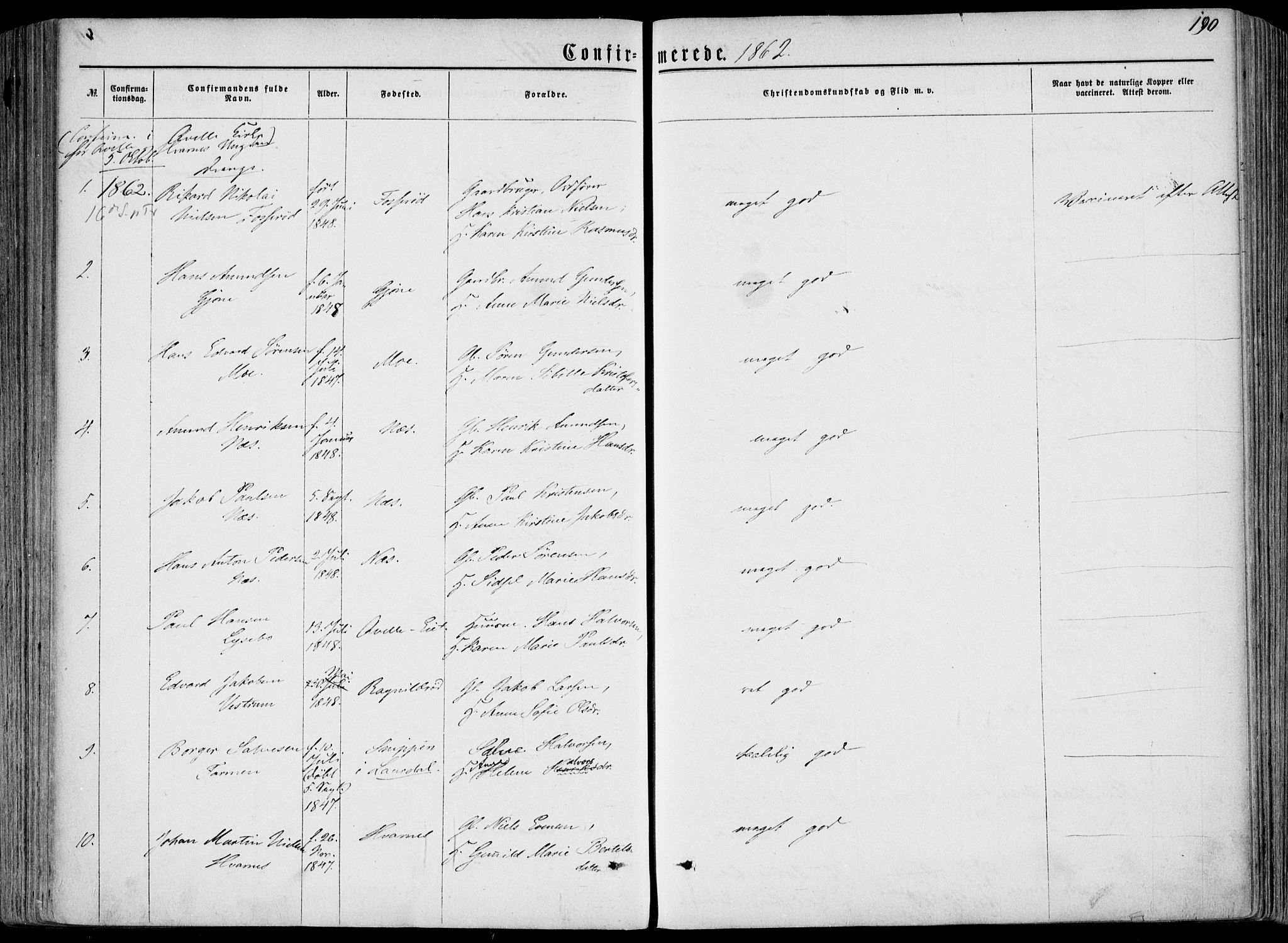 Hedrum kirkebøker, AV/SAKO-A-344/F/Fa/L0007: Parish register (official) no. I 7, 1857-1868, p. 190