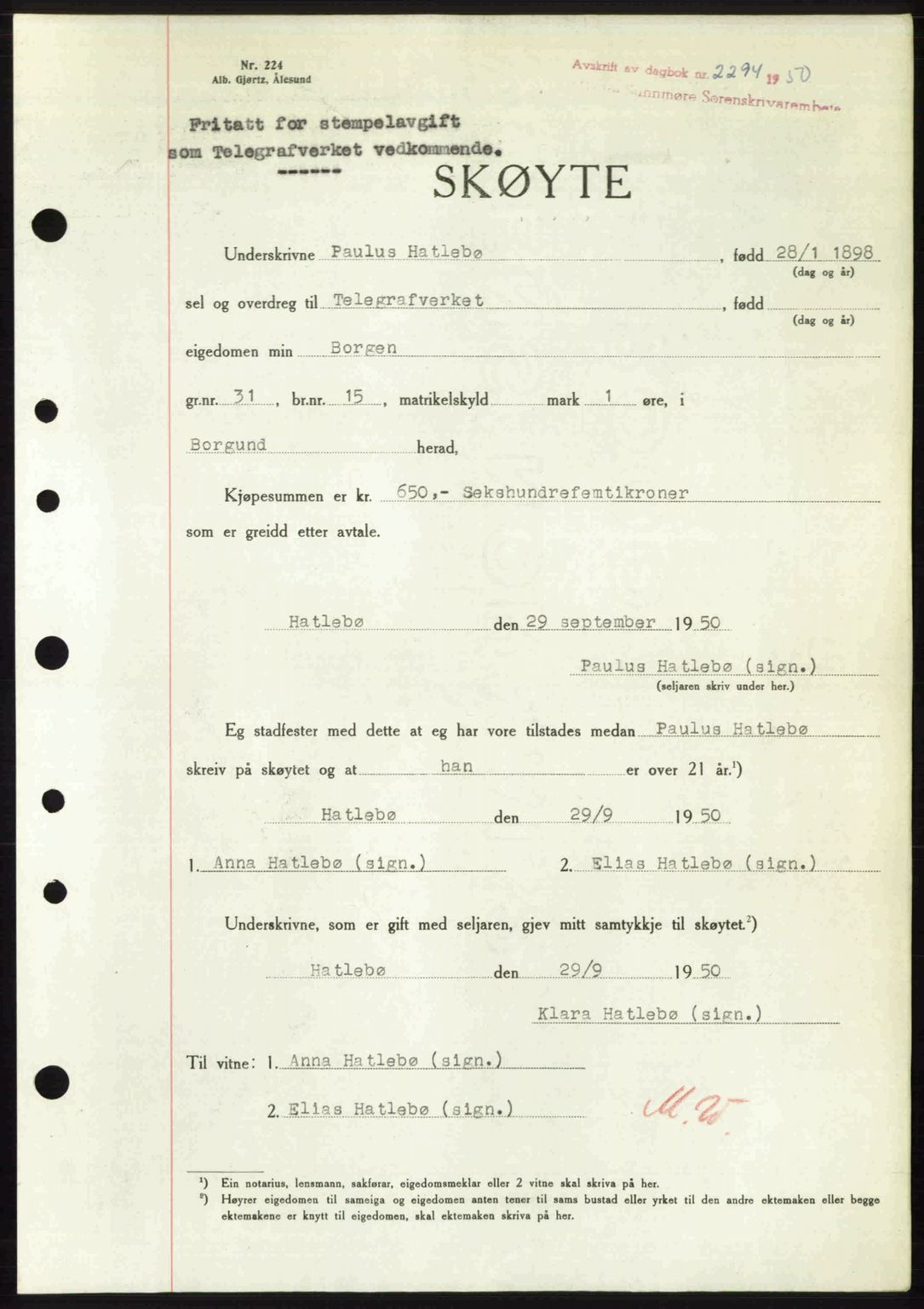 Nordre Sunnmøre sorenskriveri, AV/SAT-A-0006/1/2/2C/2Ca: Mortgage book no. A36, 1950-1950, Diary no: : 2294/1950