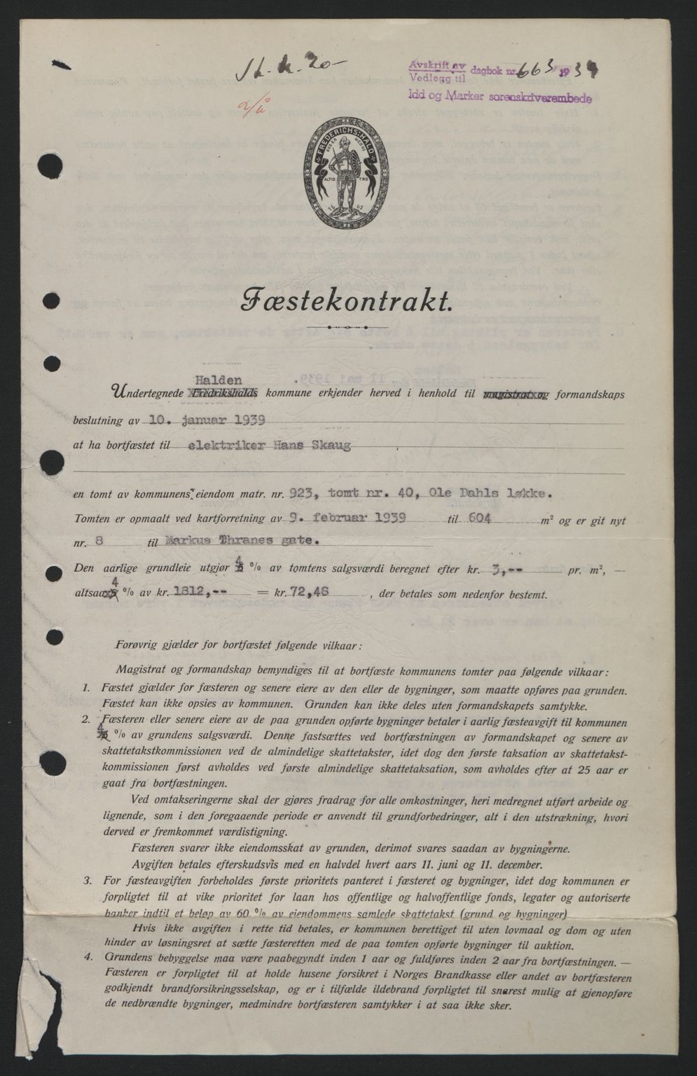 Idd og Marker sorenskriveri, AV/SAO-A-10283/G/Gb/Gbb/L0003: Mortgage book no. A3, 1938-1939, Diary no: : 663/1939