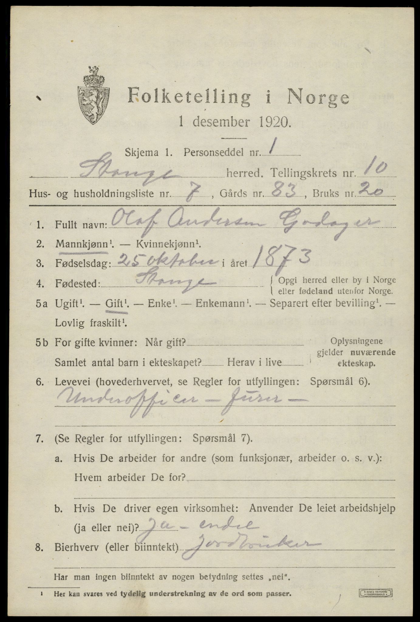 SAH, 1920 census for Stange, 1920, p. 15925