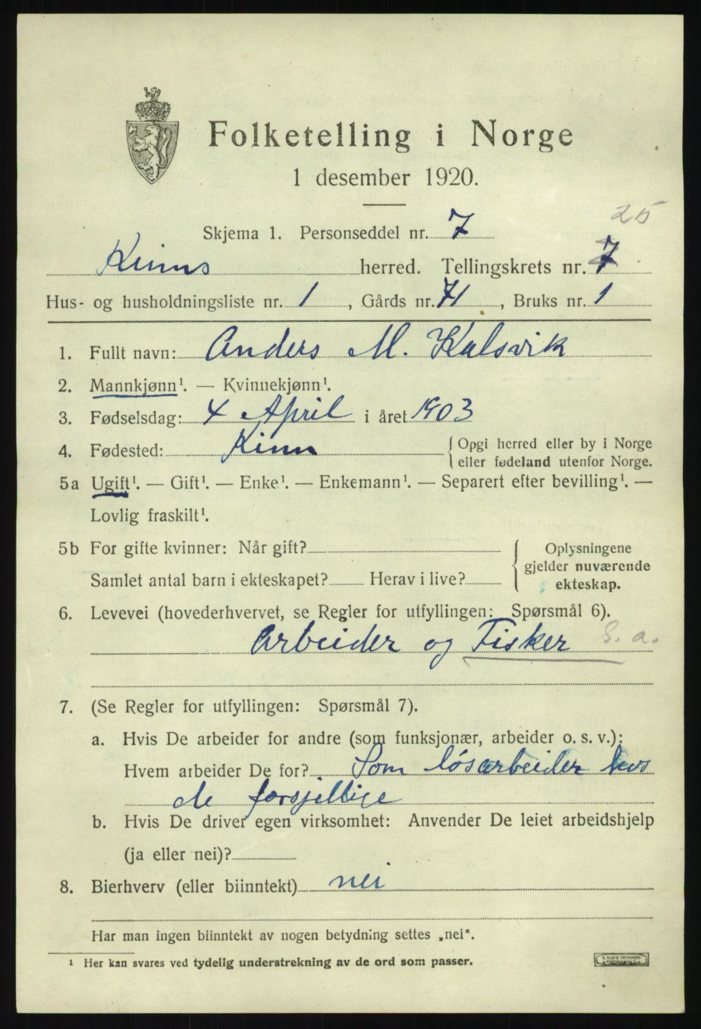 SAB, 1920 census for Kinn, 1920, p. 8717