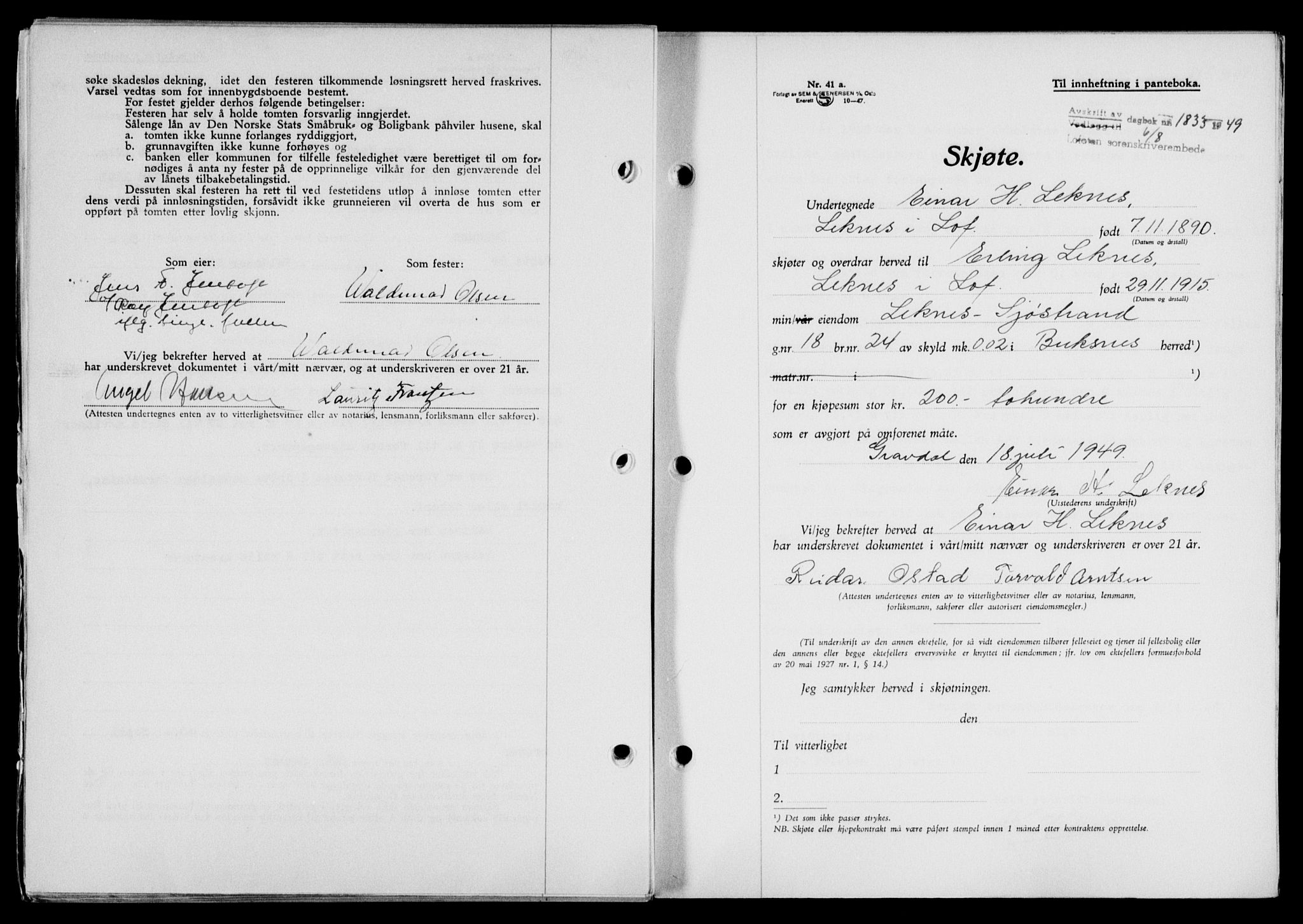 Lofoten sorenskriveri, SAT/A-0017/1/2/2C/L0021a: Mortgage book no. 21a, 1949-1949, Diary no: : 1833/1949