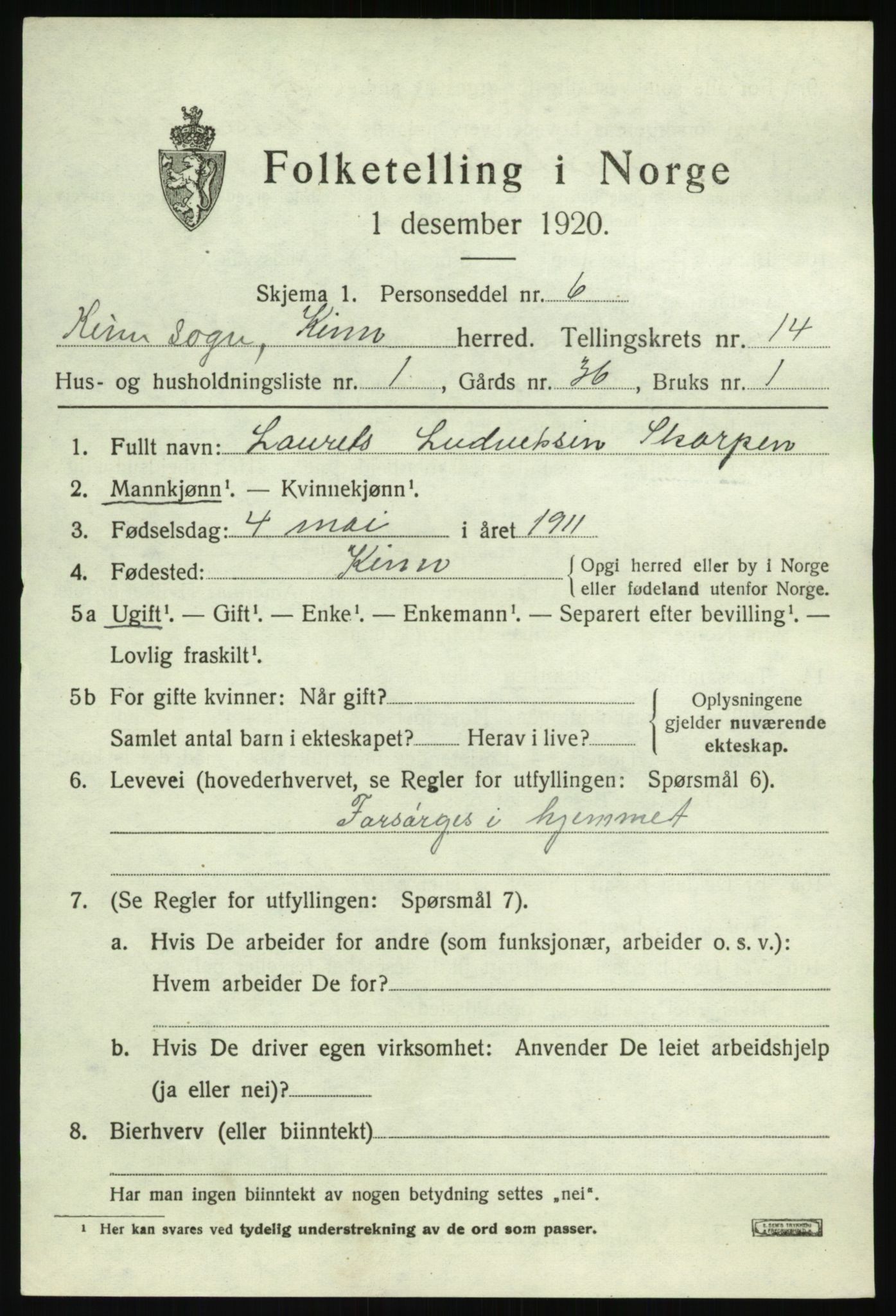 SAB, 1920 census for Kinn, 1920, p. 5127