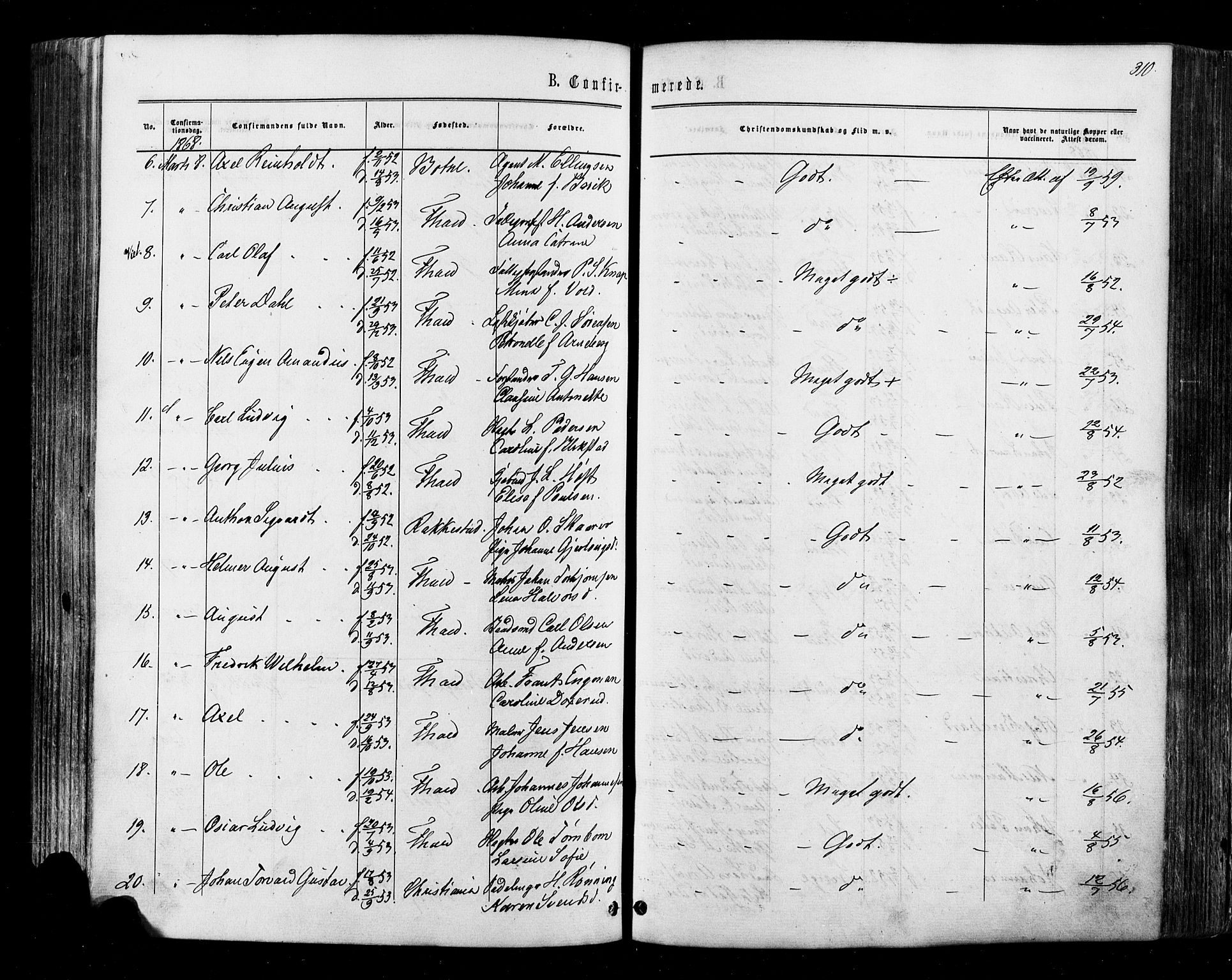 Halden prestekontor Kirkebøker, AV/SAO-A-10909/F/Fa/L0009: Parish register (official) no. I 9, 1866-1877, p. 310