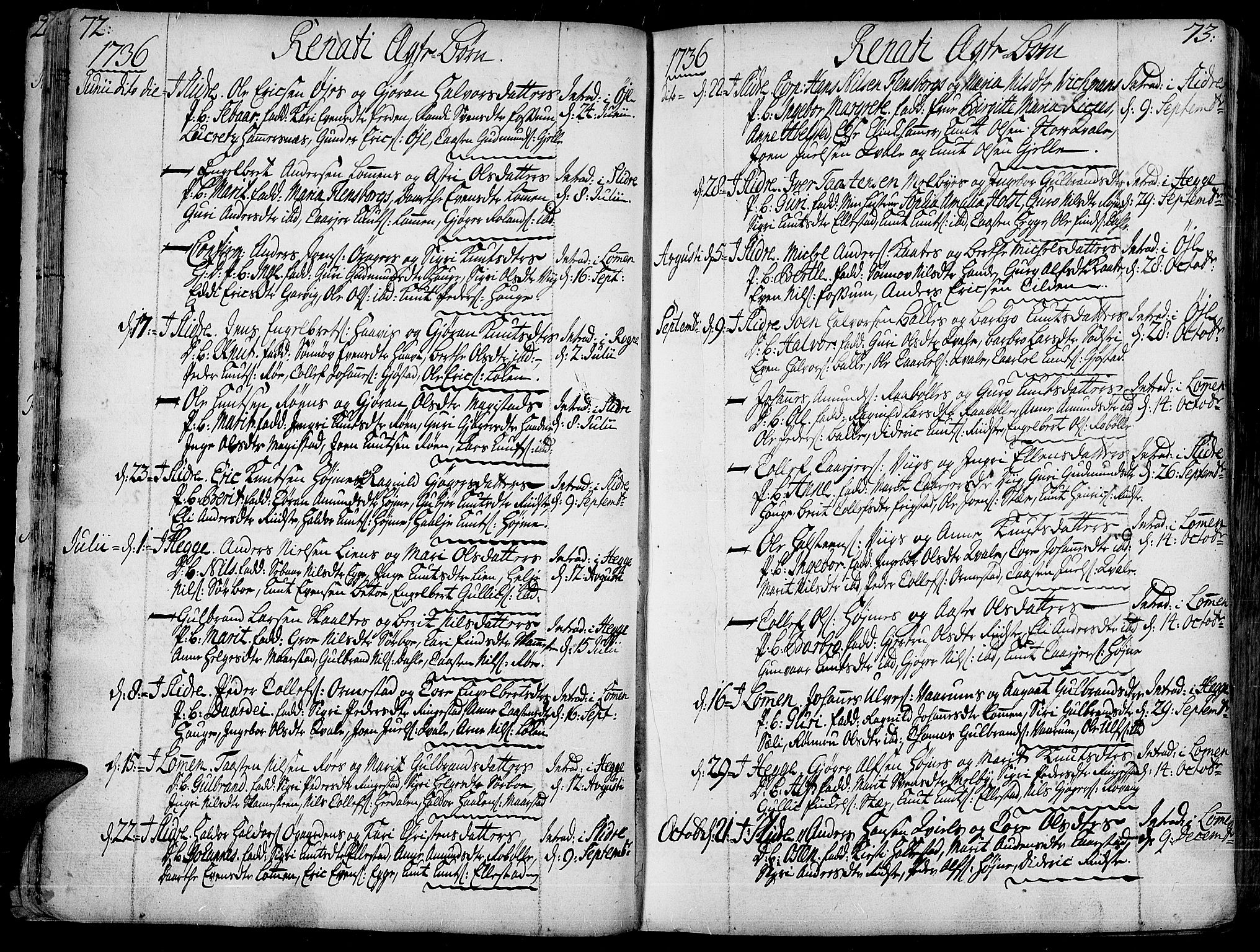 Slidre prestekontor, SAH/PREST-134/H/Ha/Haa/L0001: Parish register (official) no. 1, 1724-1814, p. 72-73