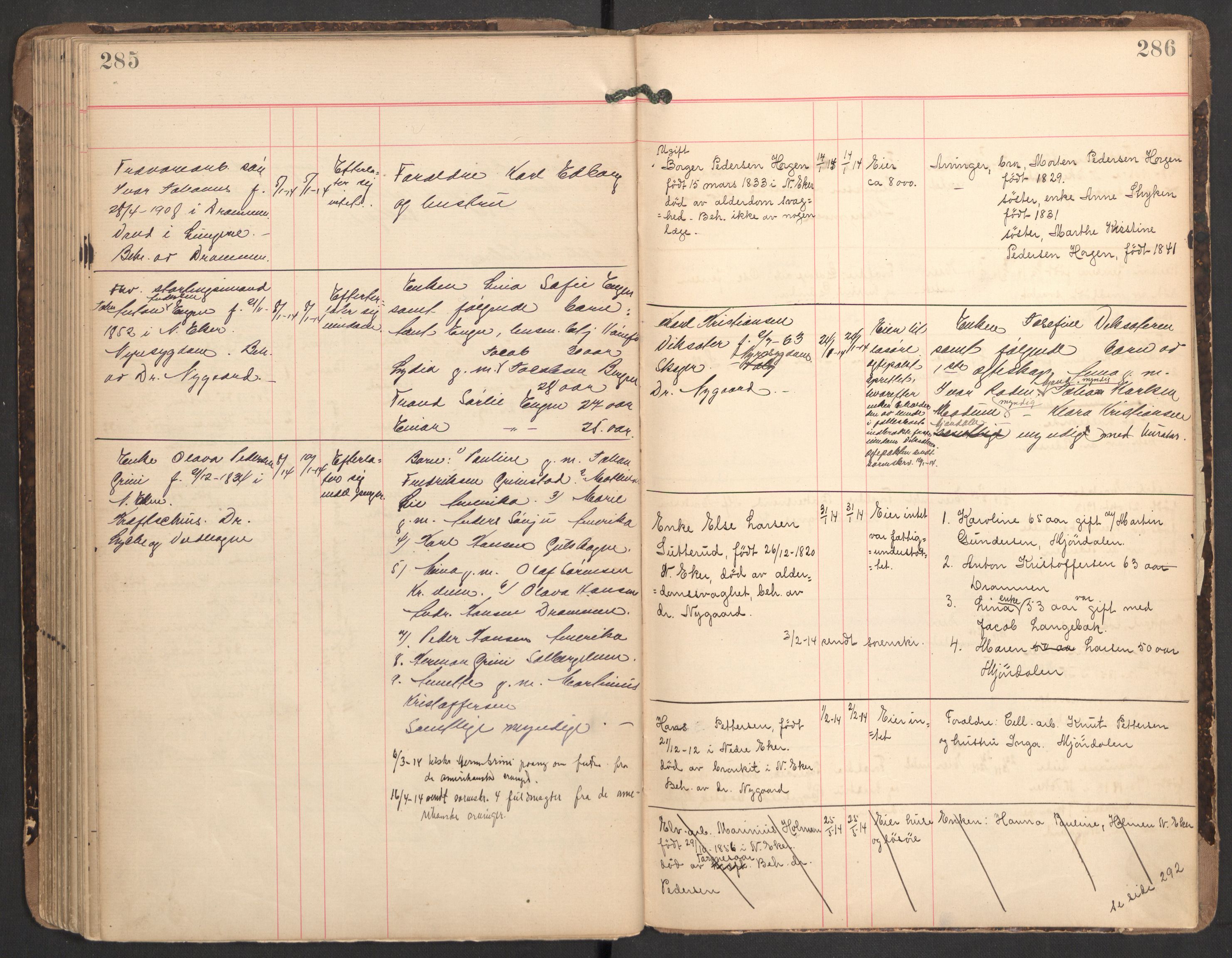 Nedre Eiker lensmannskontor, SAKO/A-530/H/Ha/L0001: Dødsfallsprotokoll, 1887-1915, p. 285-286