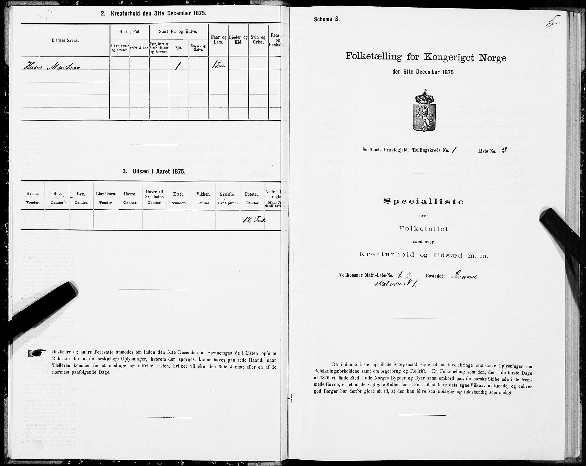 SAT, 1875 census for 1870P Sortland, 1875, p. 1005