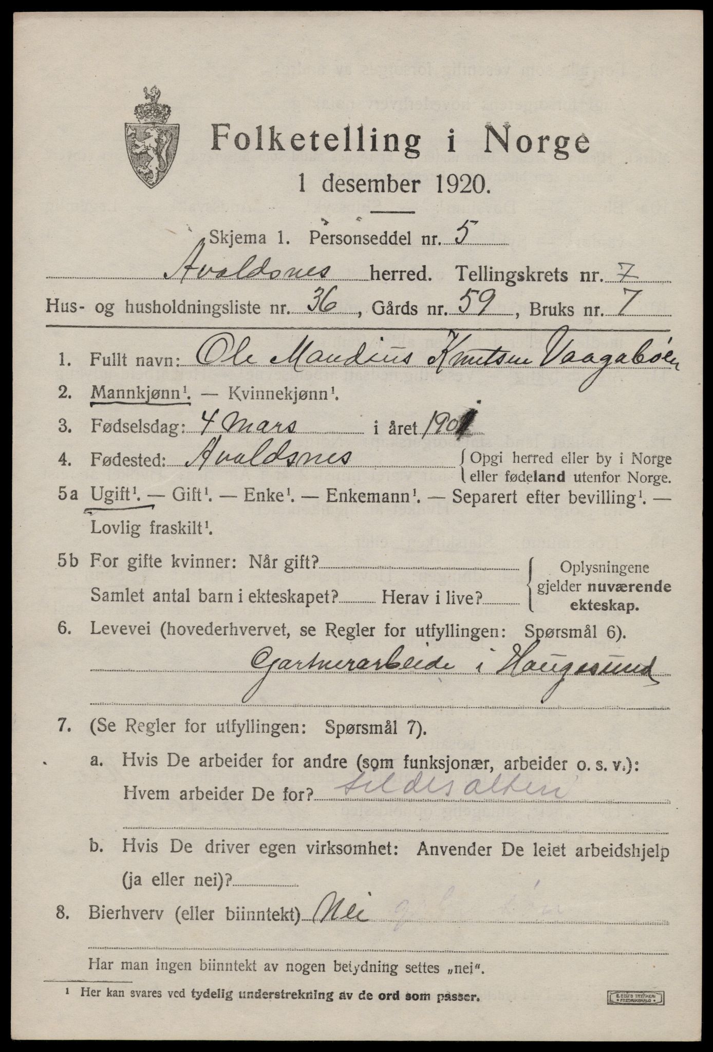 SAST, 1920 census for Avaldsnes, 1920, p. 6225