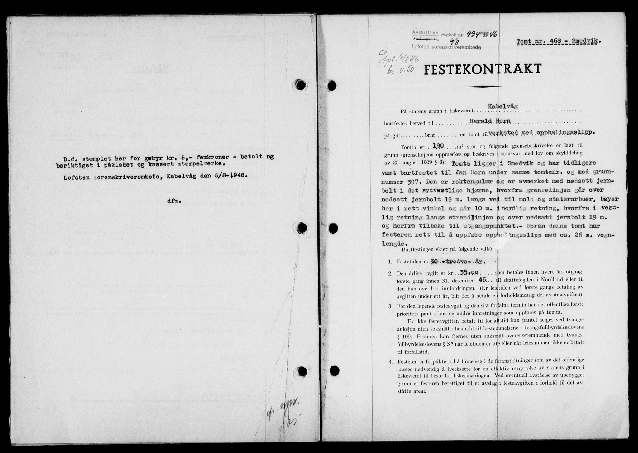 Lofoten sorenskriveri, SAT/A-0017/1/2/2C/L0014a: Mortgage book no. 14a, 1946-1946, Diary no: : 994/1946