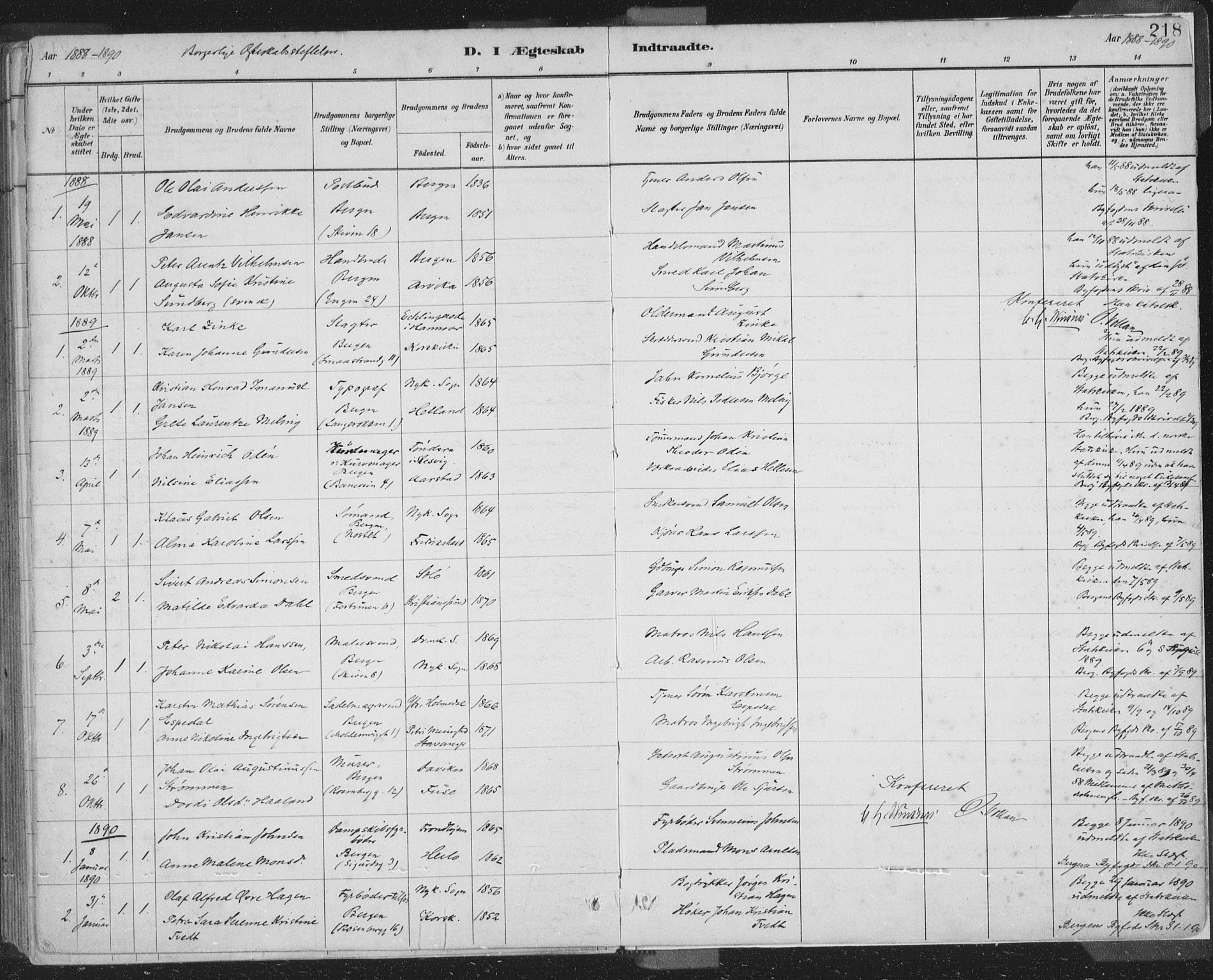 Domkirken sokneprestembete, SAB/A-74801/H/Hab/L0032: Parish register (copy) no. D 4, 1880-1907, p. 218