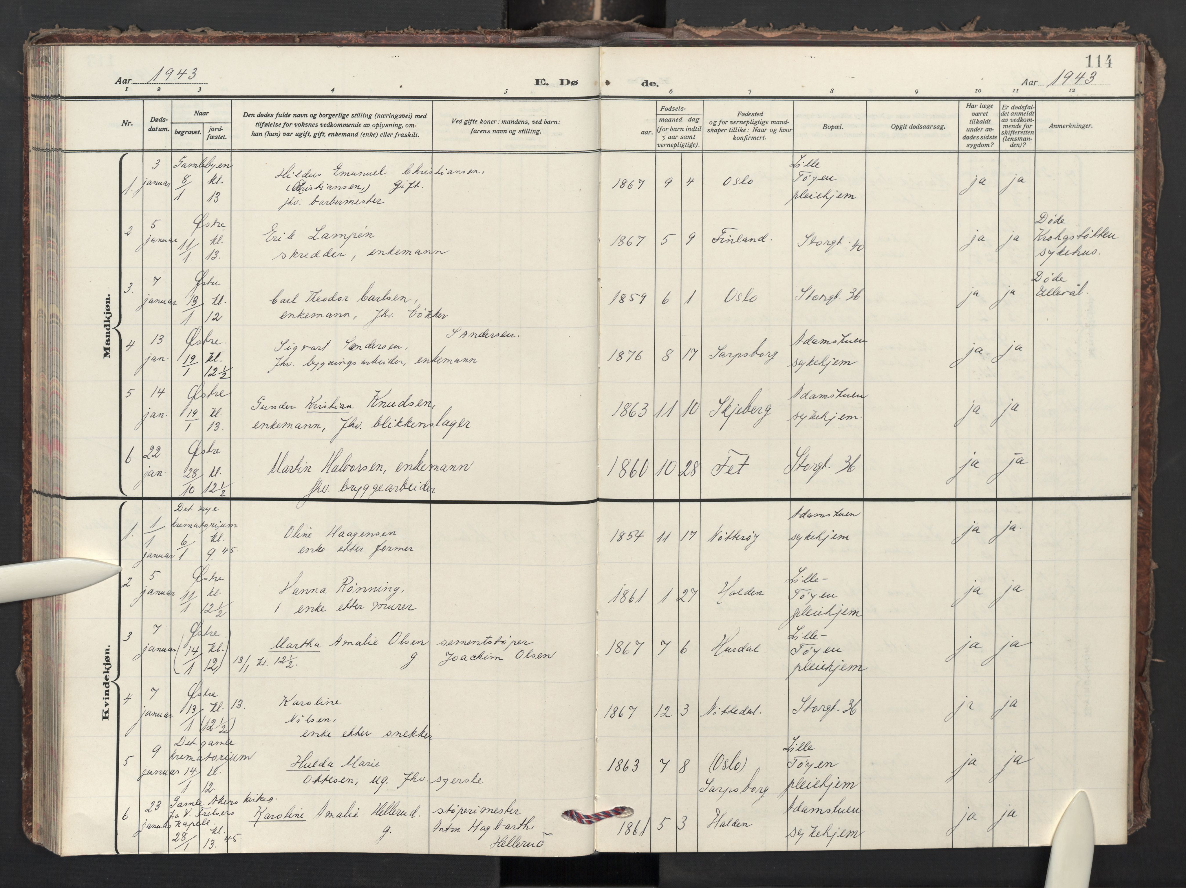 Krohgstøtten sykehusprest Kirkebøker, AV/SAO-A-10854/F/Fa/L0006: Parish register (official) no. 6, 1935-1951, p. 114