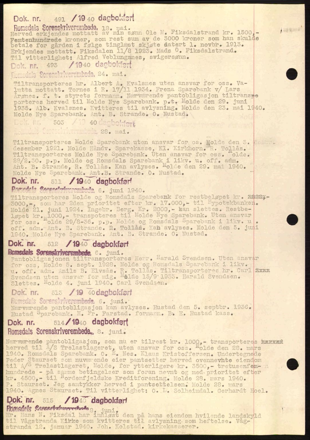 Romsdal sorenskriveri, AV/SAT-A-4149/1/2/2C: Mortgage book no. C1a, 1936-1945, Diary no: : 491/1940